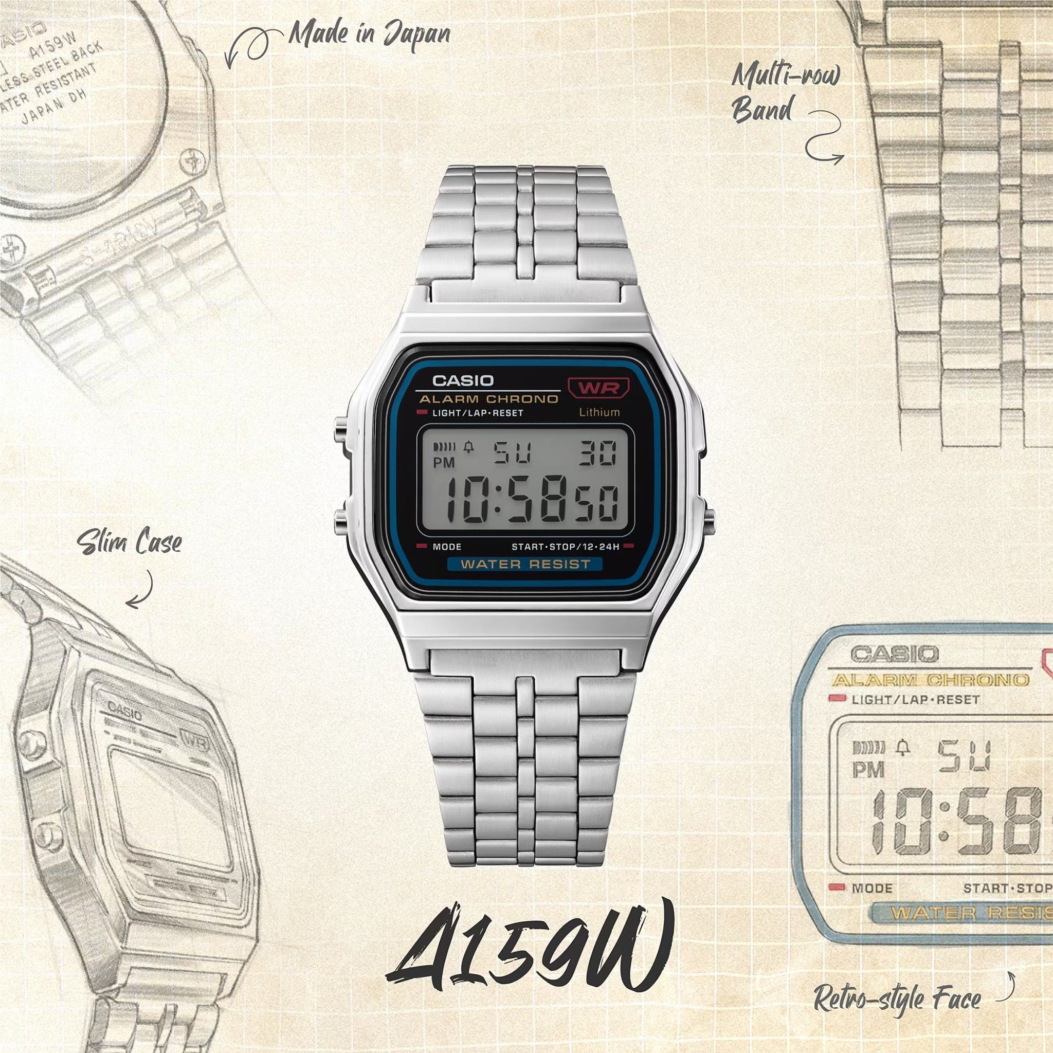 Montre Casio Vintage A159WE-1 Unisexe Argenté
