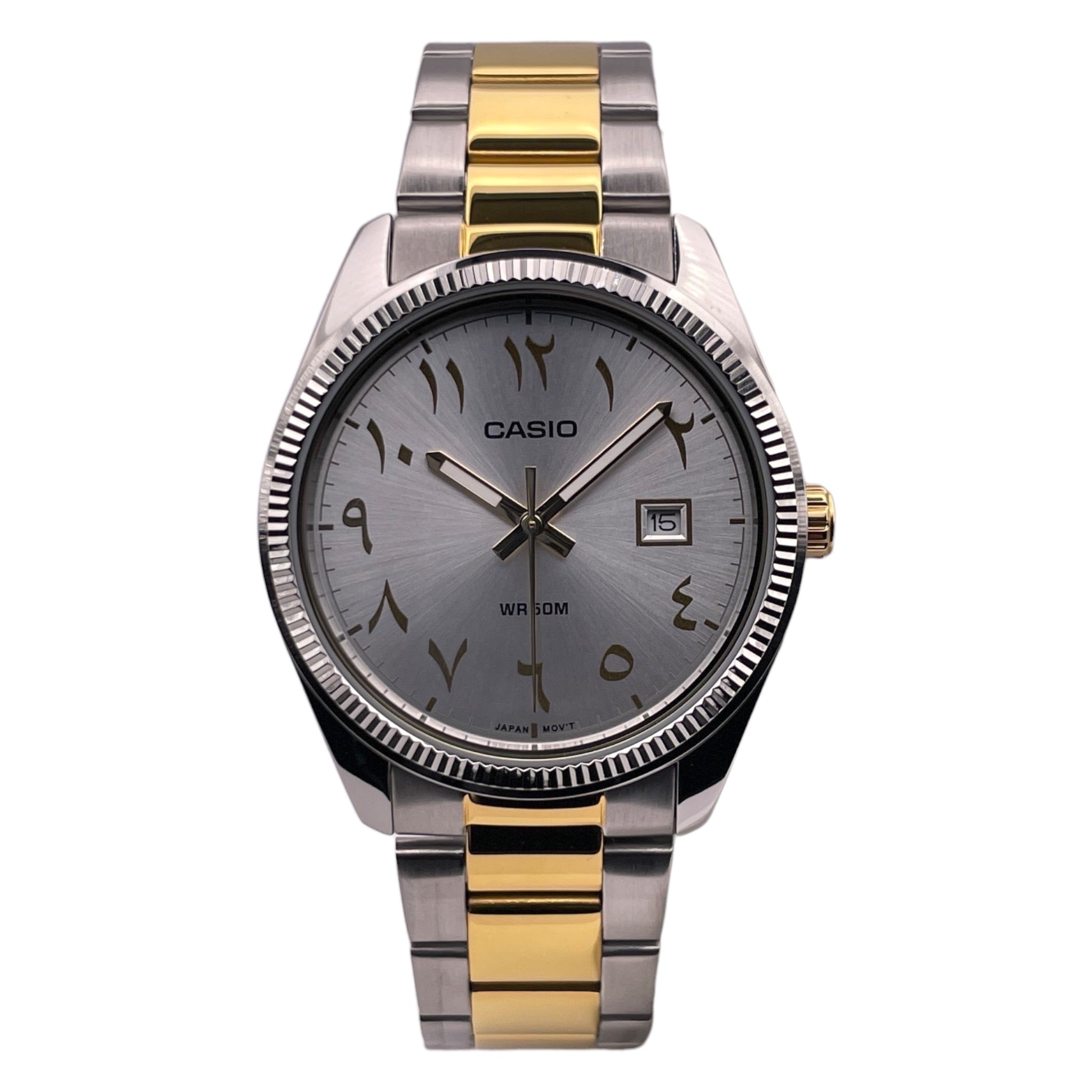 Montre Casio en métal argentée et dorée, avec chiffres arabes, vue de face