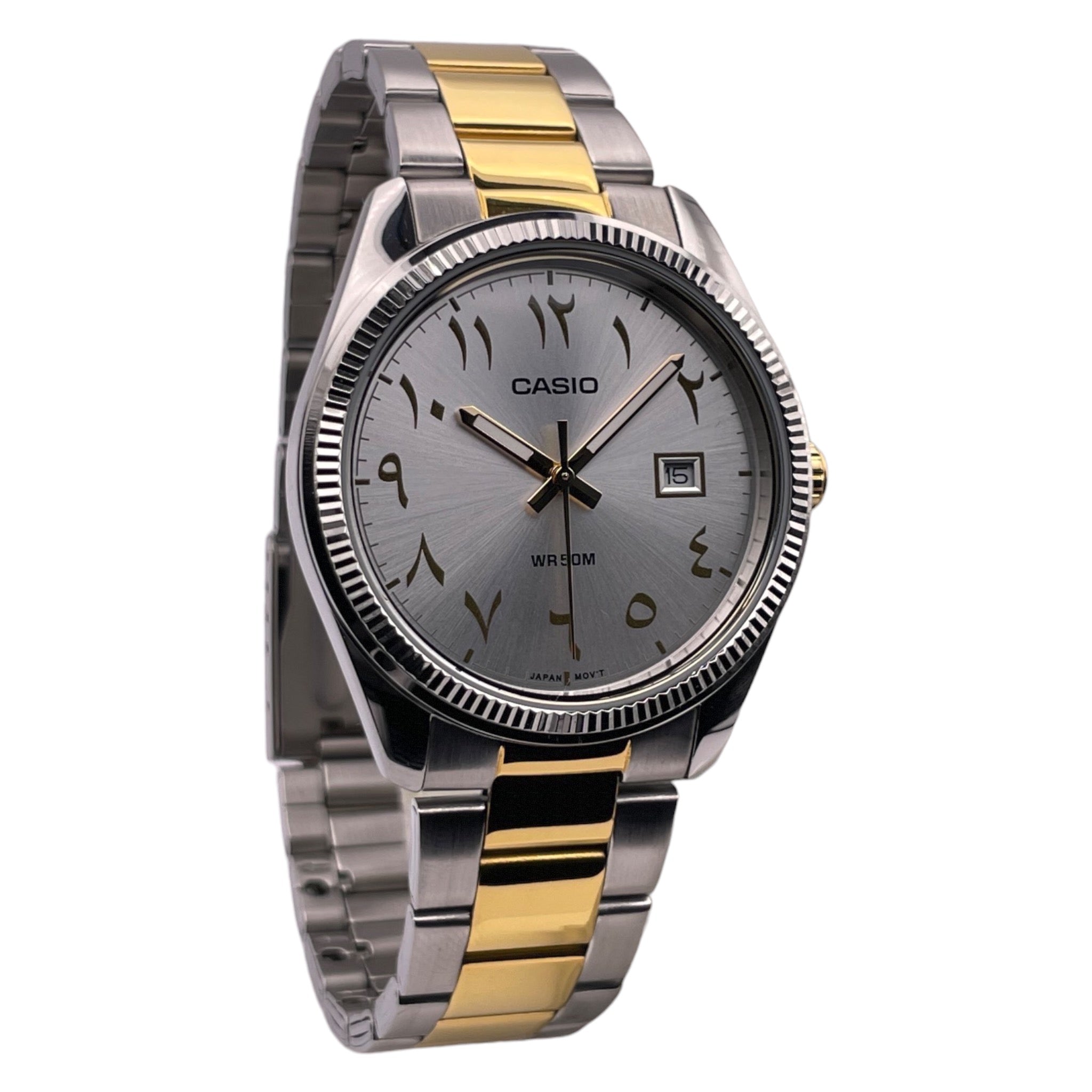 Montre Casio en métal argentée et dorée, avec chiffres arabes, vue de côté