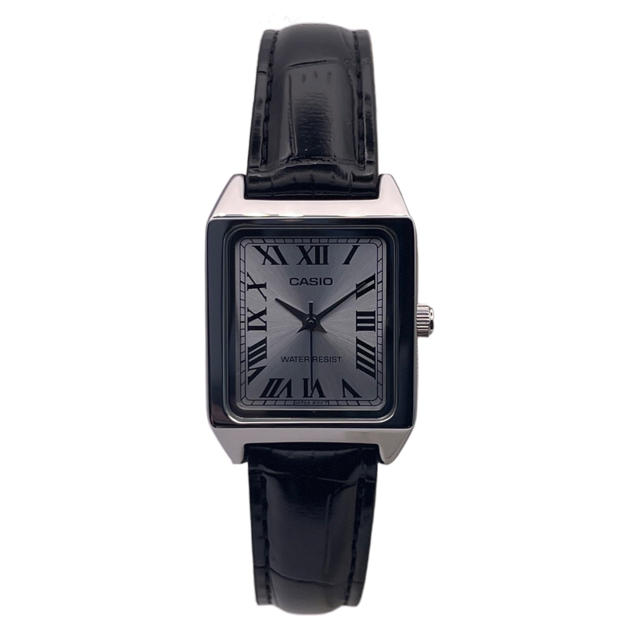 Montre Casio rectangulaire pour femme, chiffres romains et fond argenté, vue de face