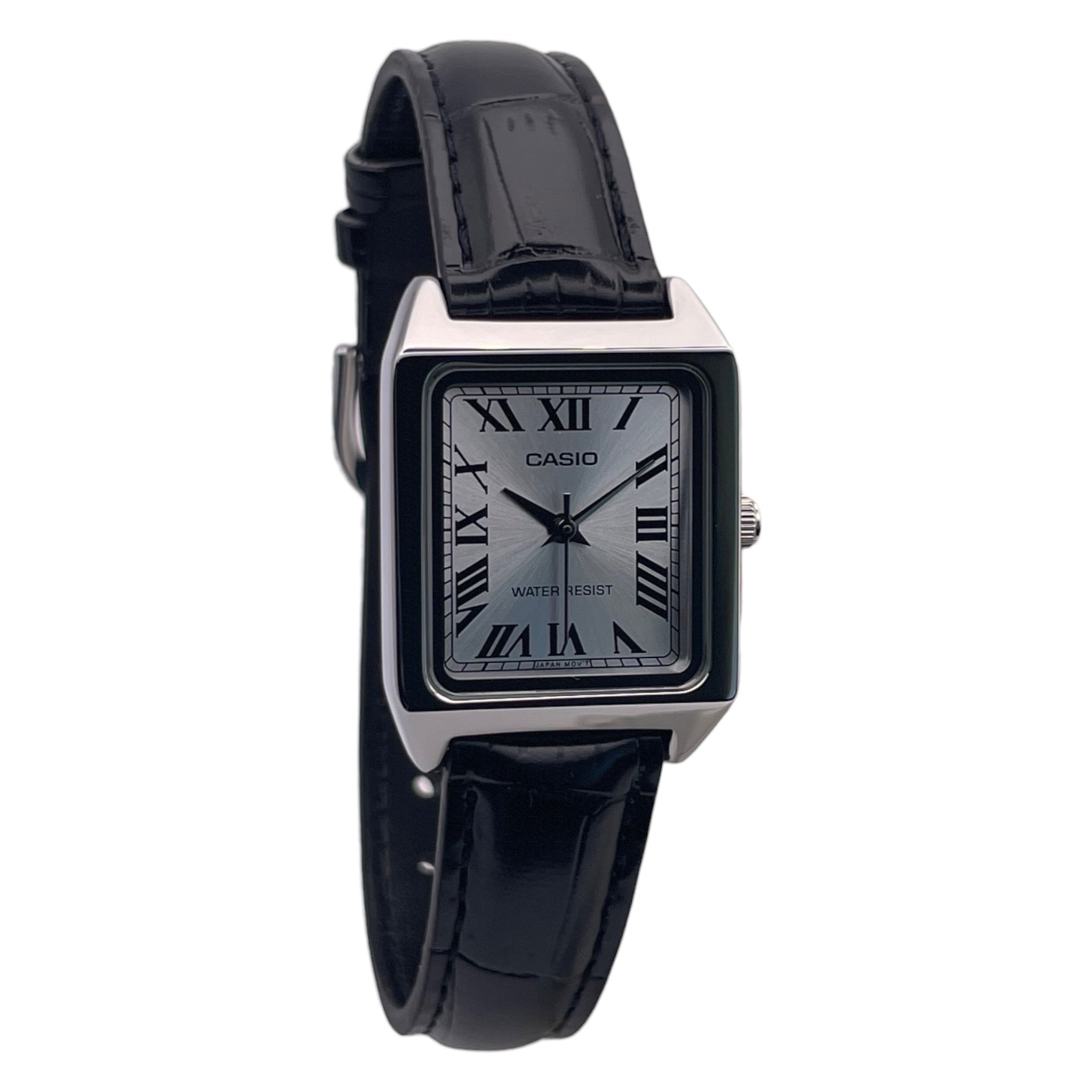 Montre Casio rectangulaire pour femme, chiffres romains et fond argenté, vue de côté