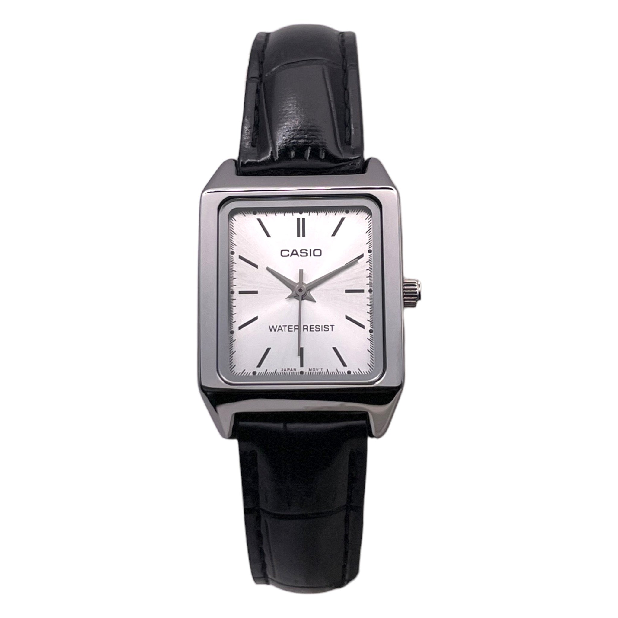 Montre Casio rectangulaire pour femme, cadran argenté et bracelet en cuir noir, vue de face