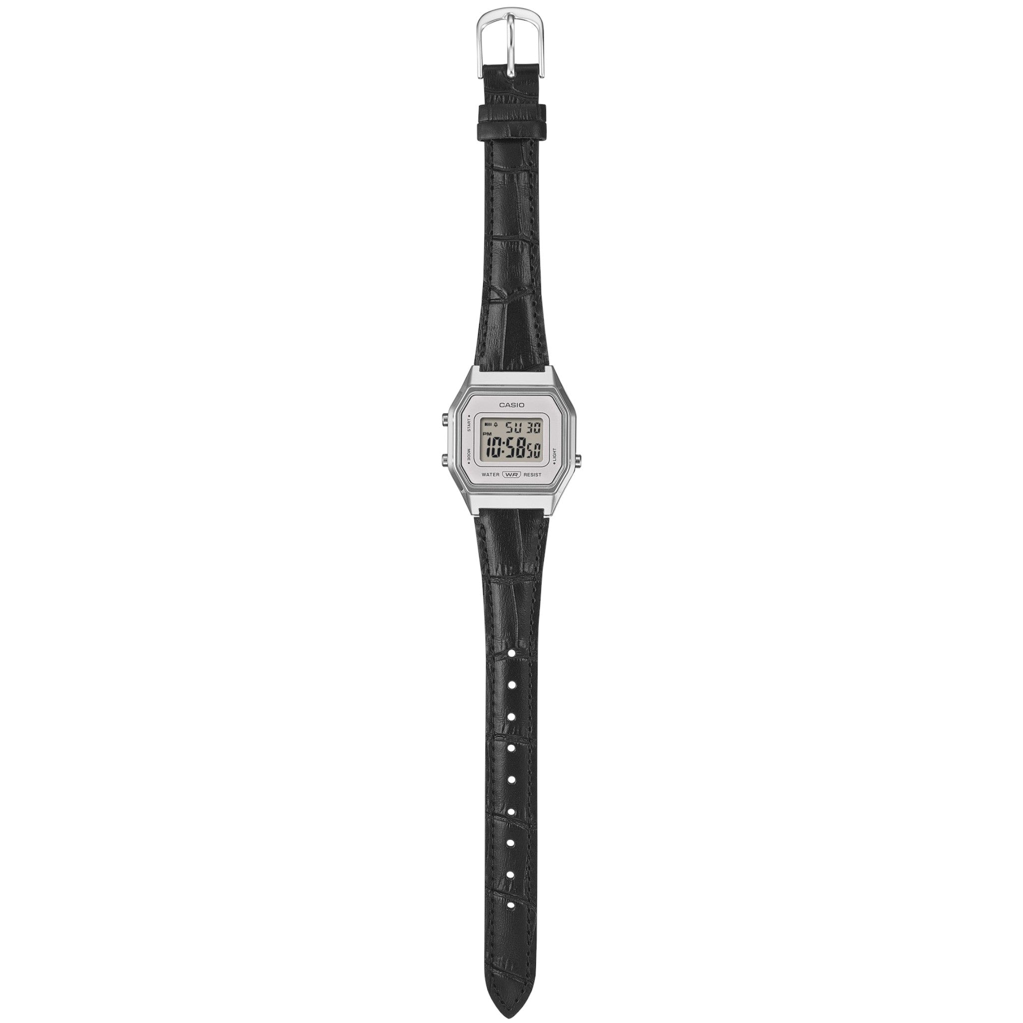 Casio Damen Armbanduhr LA680WEL-1 Quarz Digital Silberfarben Schwarzes Leder