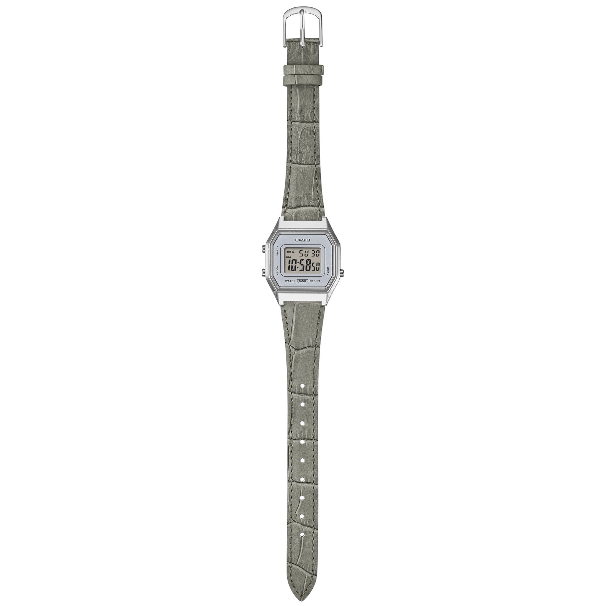 Casio Damenuhr LA680WEL-8A2 Quarz Digital Silberfarben Graues Leder