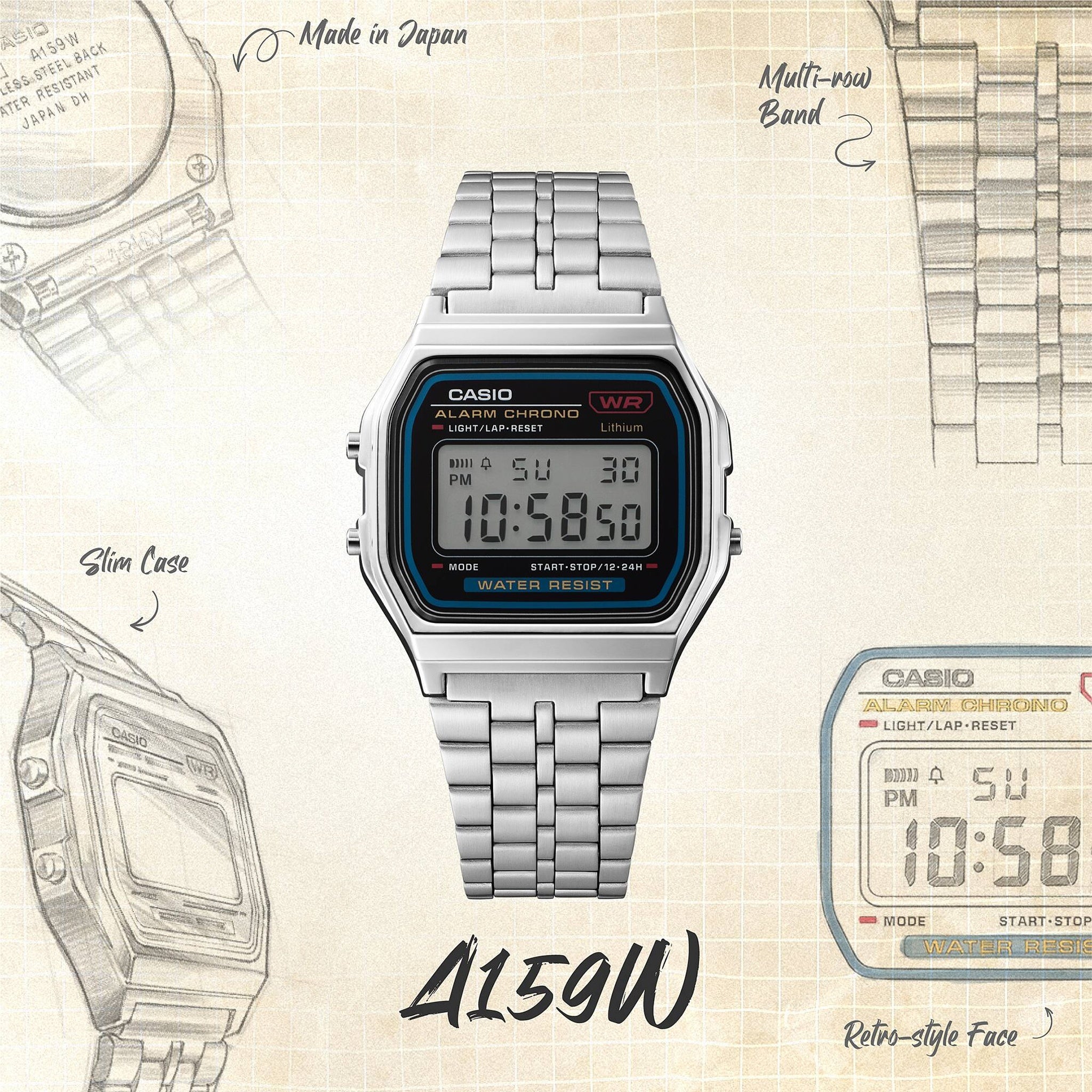 Montre Casio Mixte Vintage A159W-N1 Quartz Digitale Argent Noir
