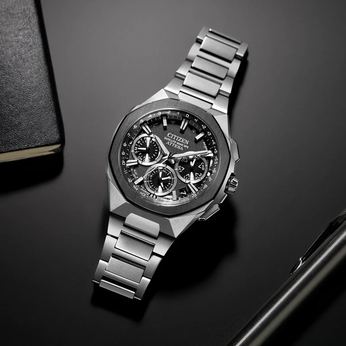 Relógio Citizen Attesa CC4104-53E Eco-Drive 44mm Super Titanium Preto Homem
