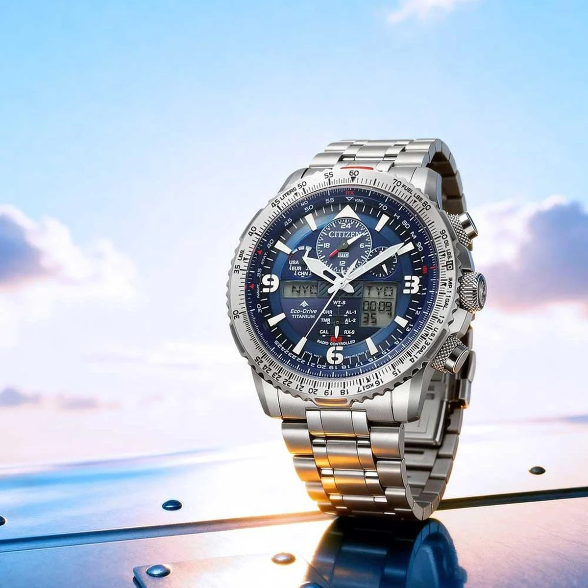 Montre Citizen JY8100-80L Sky Eco-Drive 45.4mm Super Titanium Bleu Homme