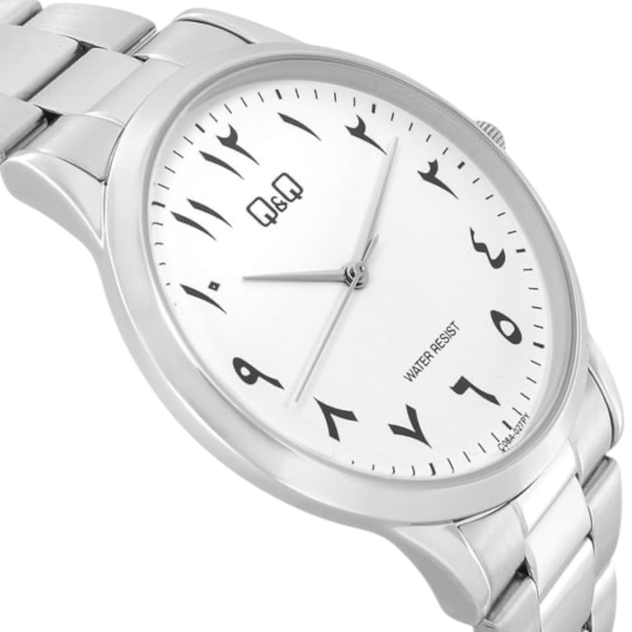 Q&Q C08A-027PY Herren-Armbanduhr mit arabischem Zifferblatt, silberfarben