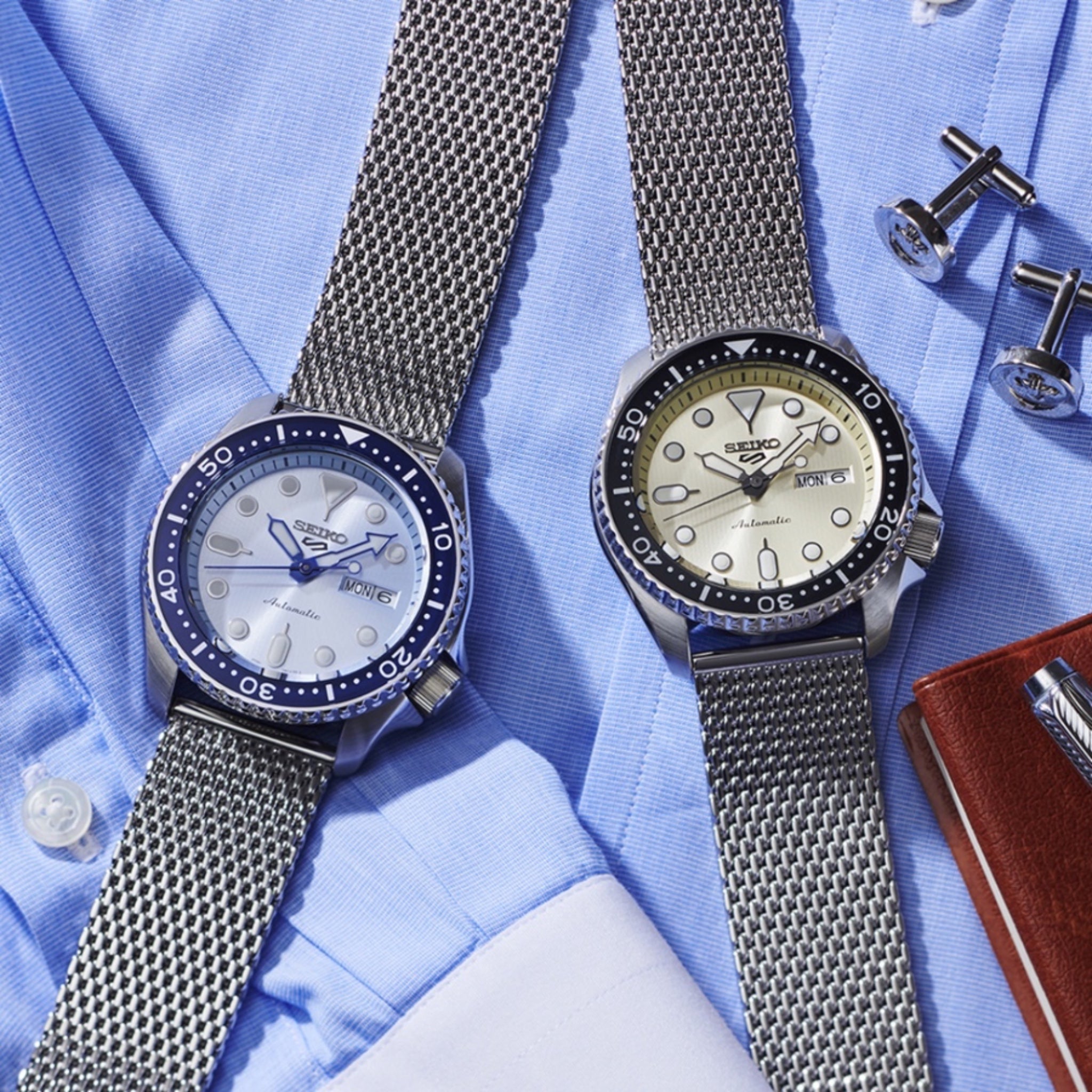 Montre Automatique Homme Seiko 5 Sports SRPE75K1 Champagne Bracelet Maille Acier