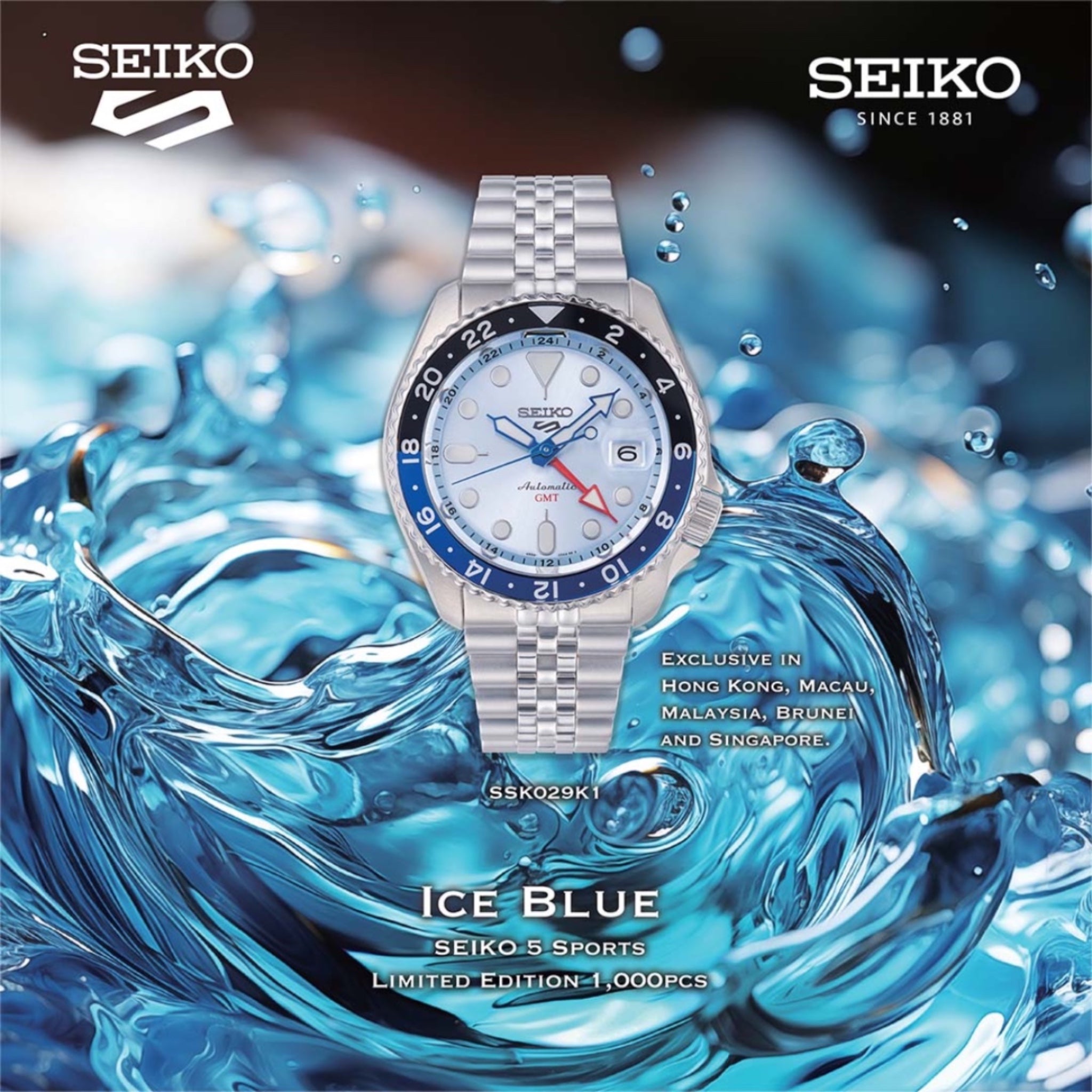 Seiko 5 Sports GMT SSK029K1 Herren-Automatikuhr in limitierter Auflage, eisblau