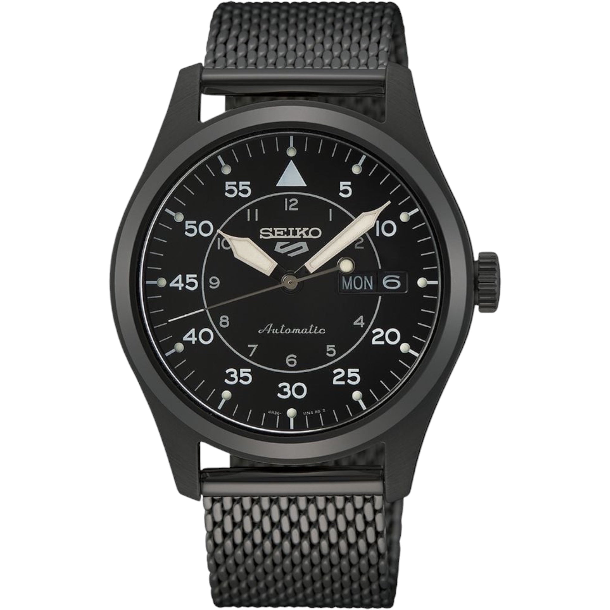 Montre Automatique Homme Seiko 5 Sports SRPH25K1 Flieger Noir Bracelet Maille Acier