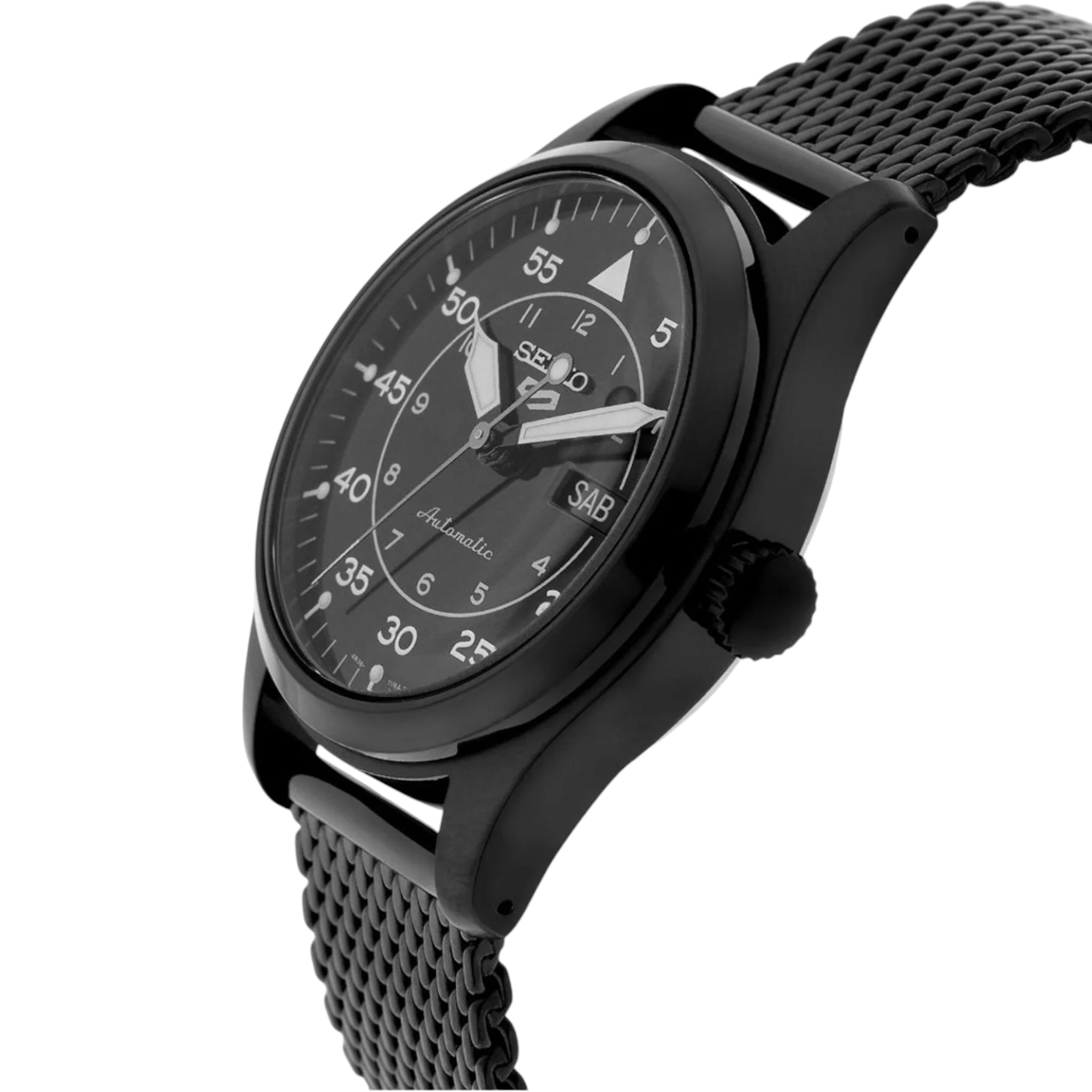 Montre Automatique Homme Seiko 5 Sports SRPH25K1 Flieger Noir Bracelet Maille Acier