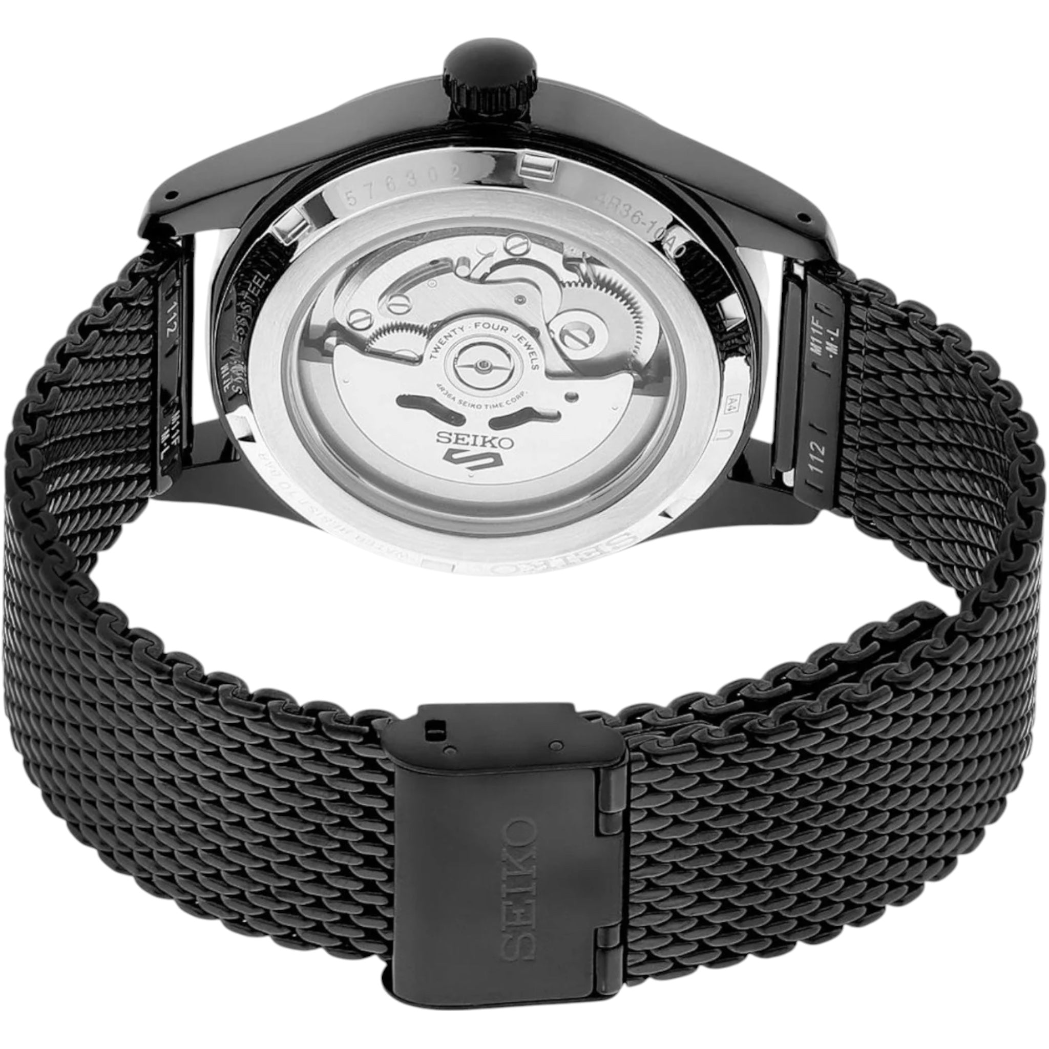 Montre Automatique Homme Seiko 5 Sports SRPH25K1 Flieger Noir Bracelet Maille Acier