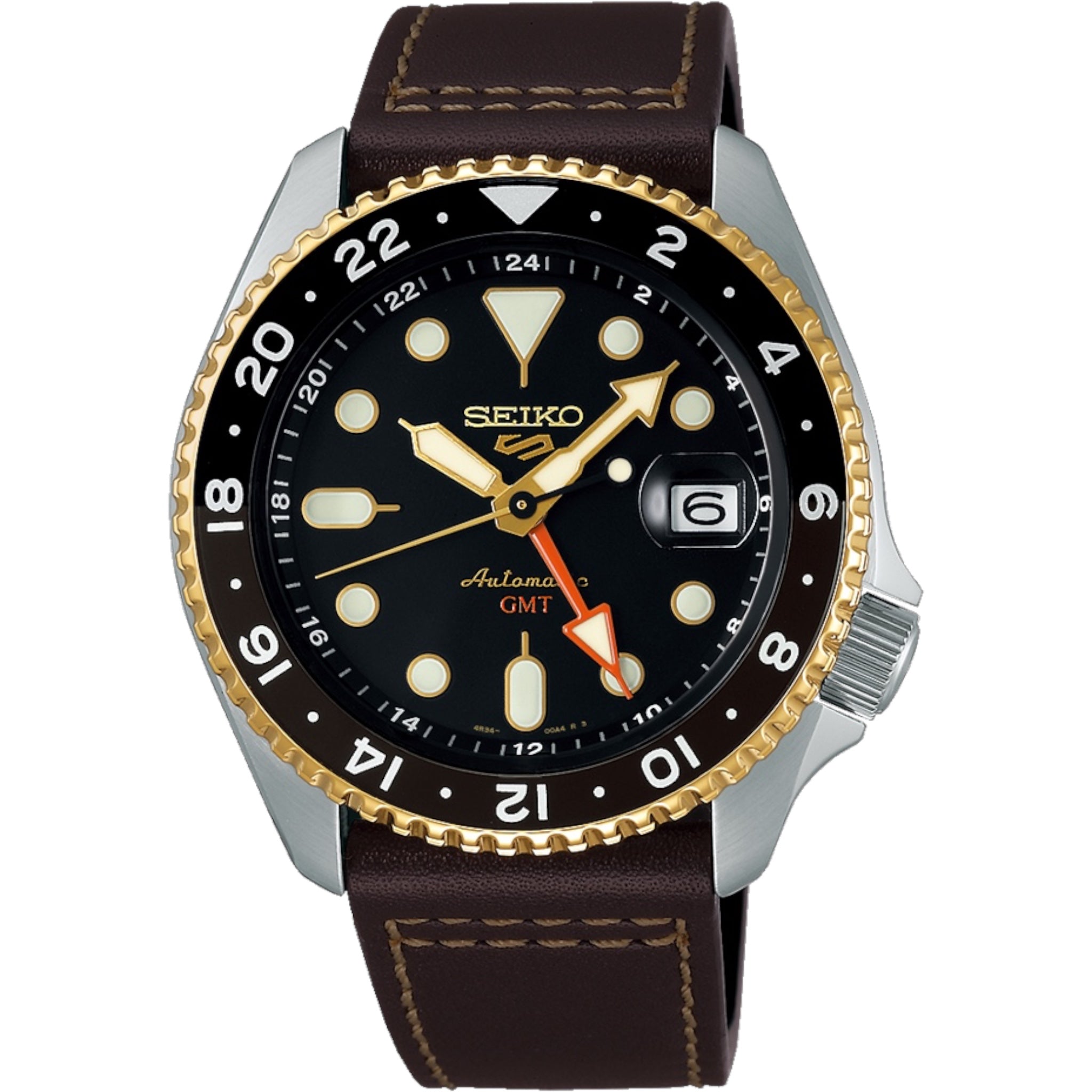 Seiko 5 Sports GMT SSK036K1 Herren-Automatikuhr mit schwarzem und goldenem Lederarmband