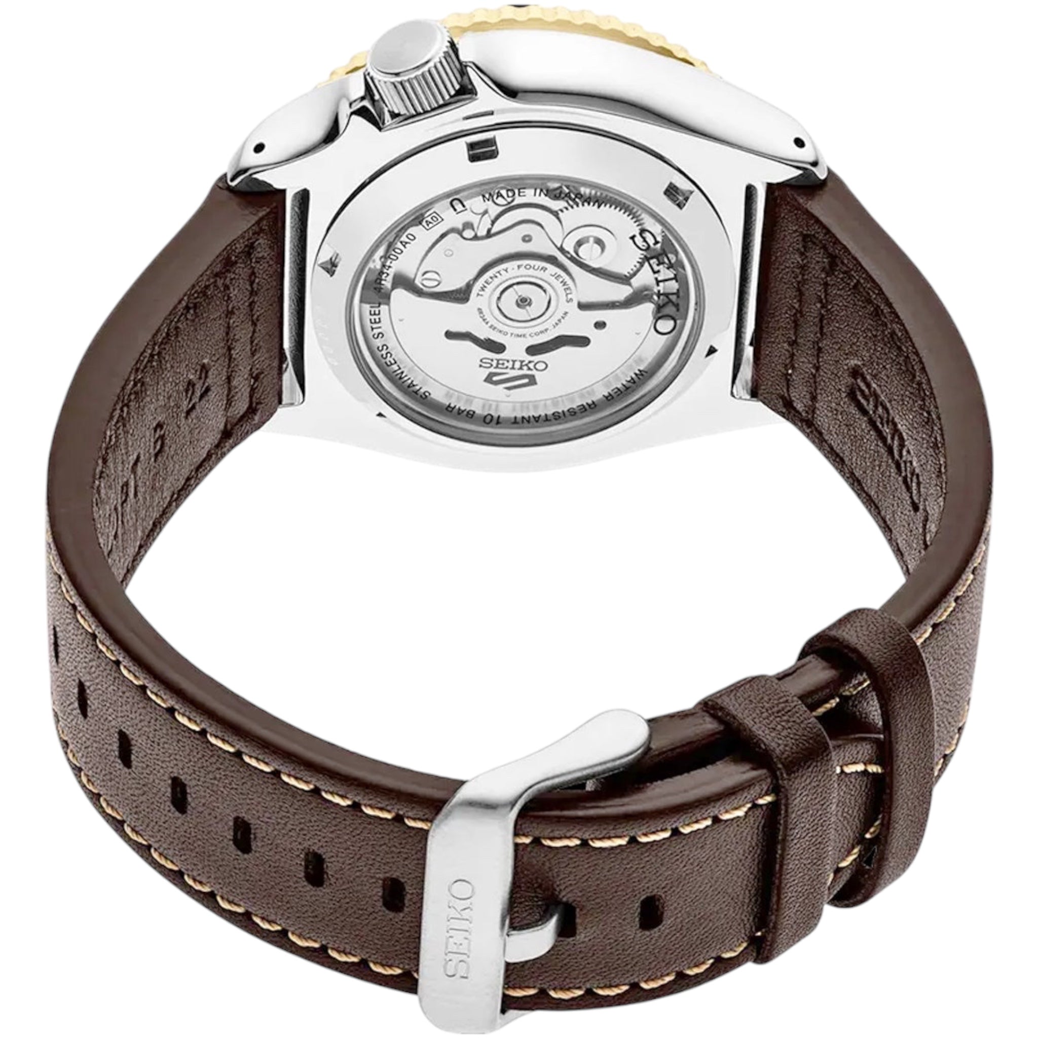 Seiko 5 Sports GMT SSK036K1 Herren-Automatikuhr mit schwarzem und goldenem Lederarmband