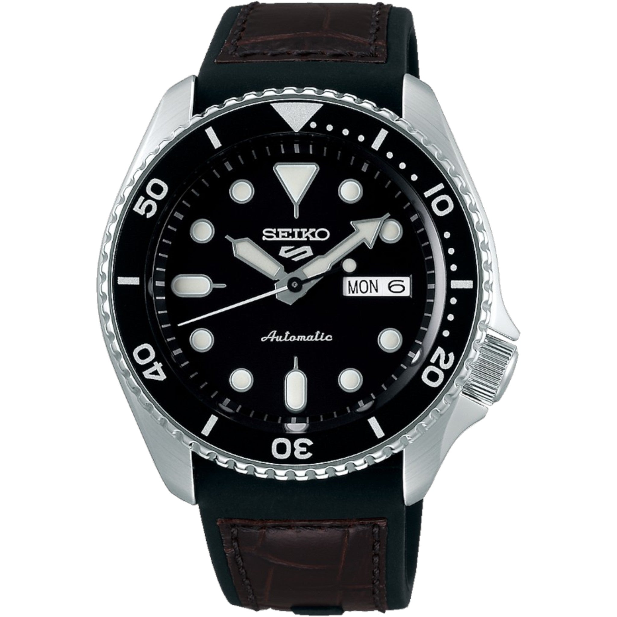 Seiko 5 Sports SRPD55K2 Schwarze Herren-Automatikuhr mit schwarzem Silikon- und braunem Lederarmband