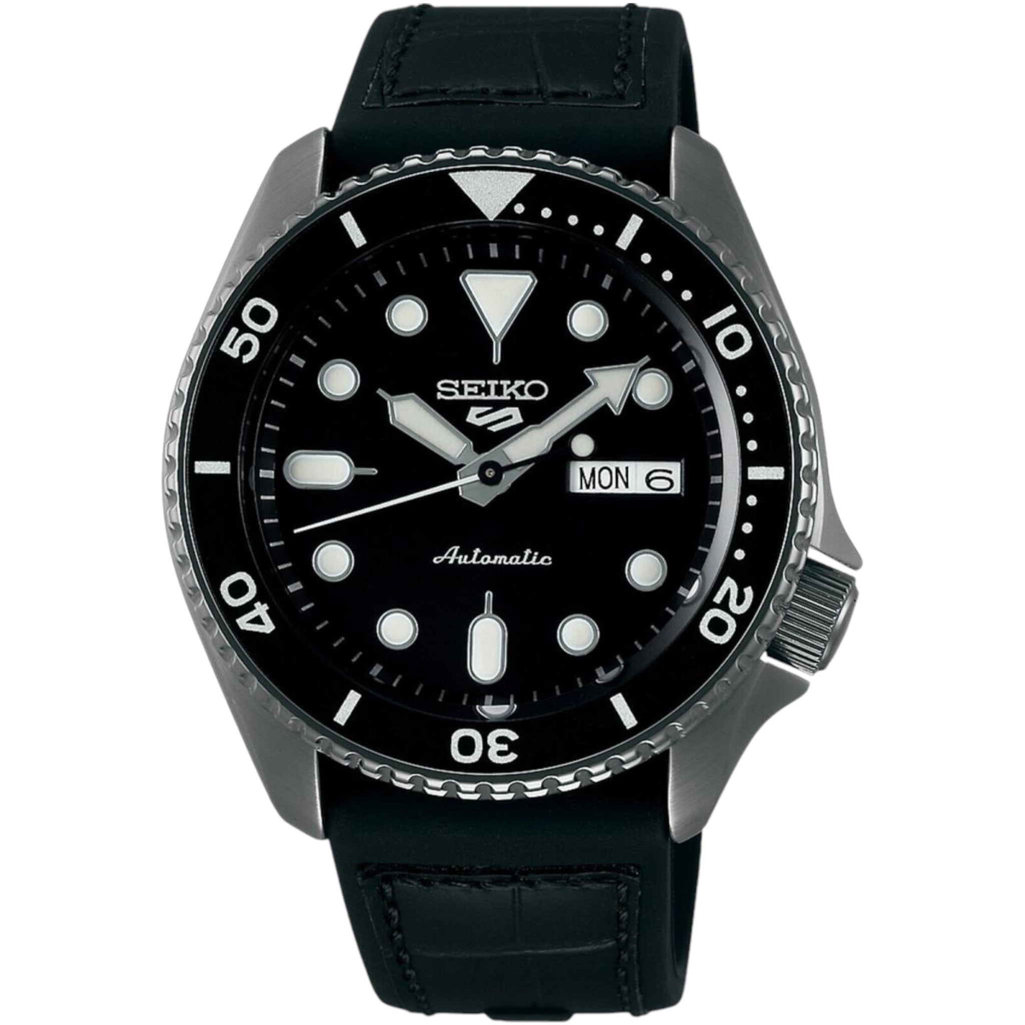 Seiko 5 Sports SRPD65K3 Herren-Automatikuhr mit schwarzem und grauem Silikon- und Lederarmband