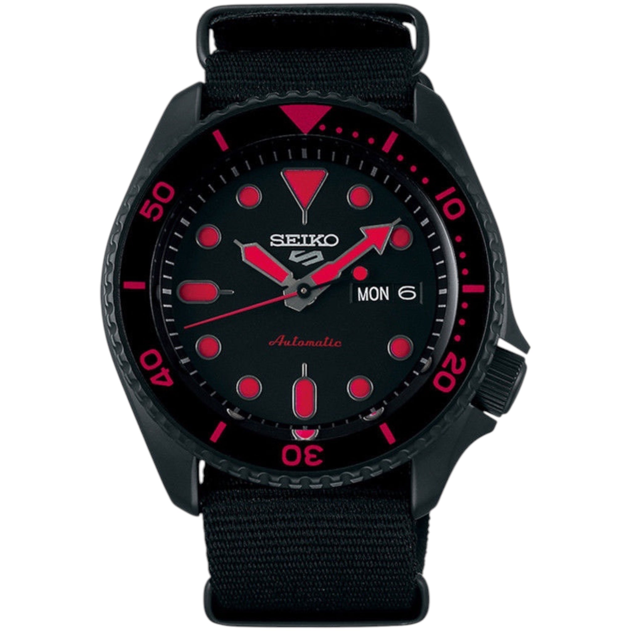 Montre Automatique Homme Seiko 5 Sports SRPD83K1 Street Noir Rouge Bracelet Nylon NATO