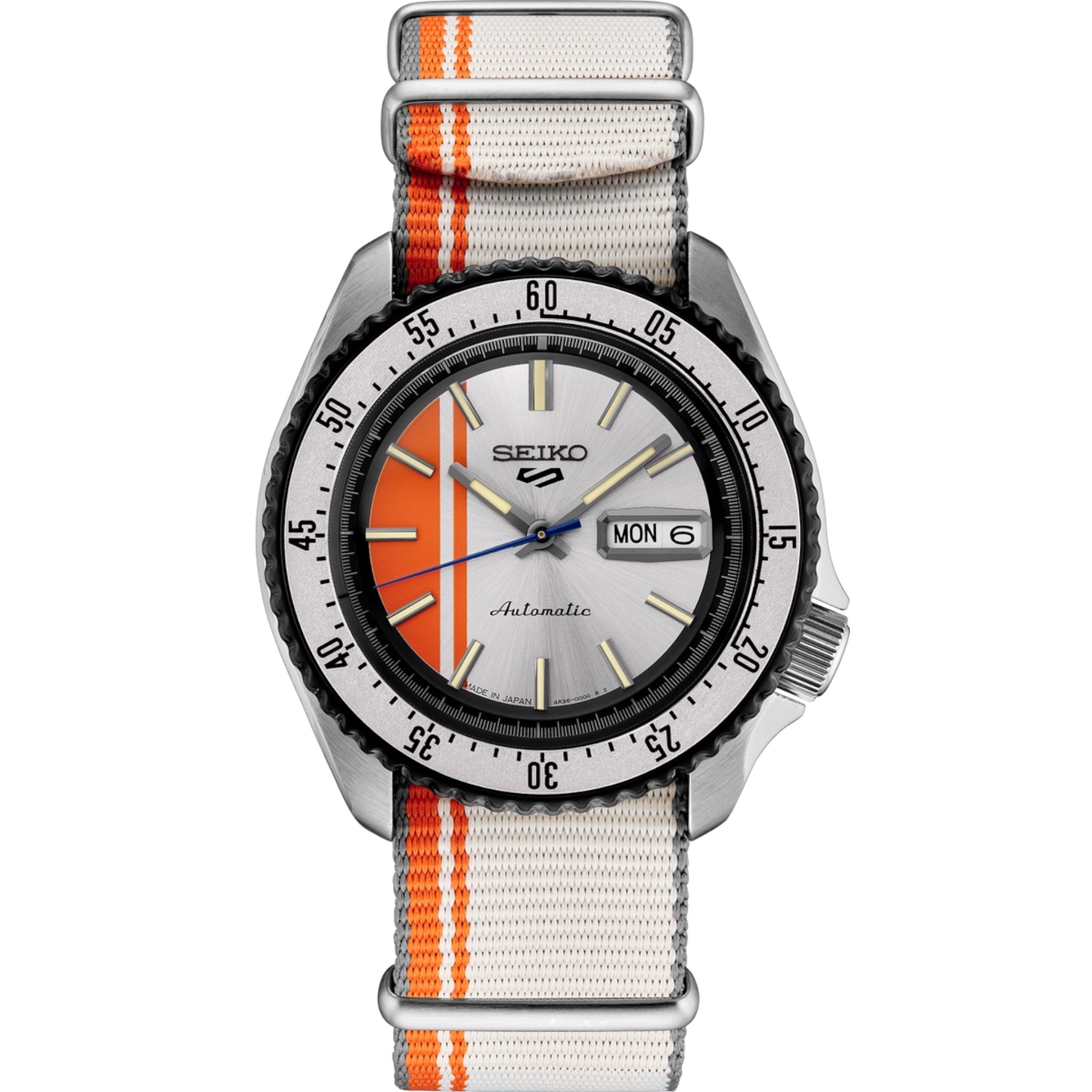 Montre Automatique Homme Seiko 5 Sports SRPK73 U.S. Special Creation Vintage Race Cars Argenté Orange