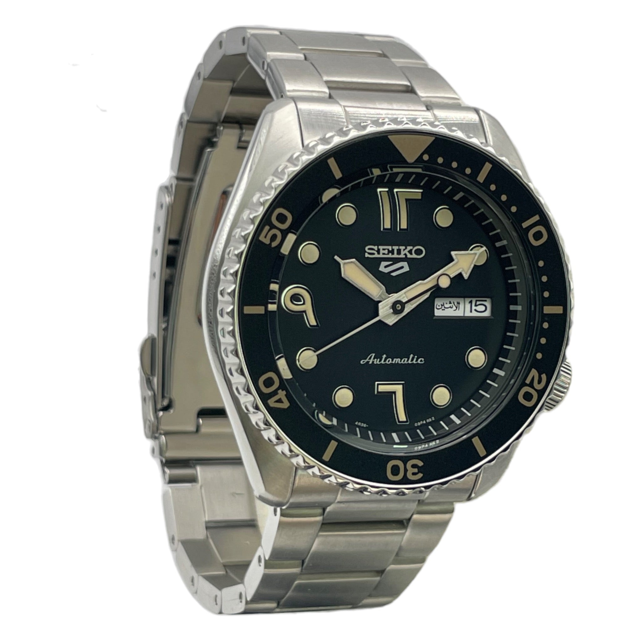 Seiko SRPF89K1 schwarze Uhr mit arabischem Zifferblatt