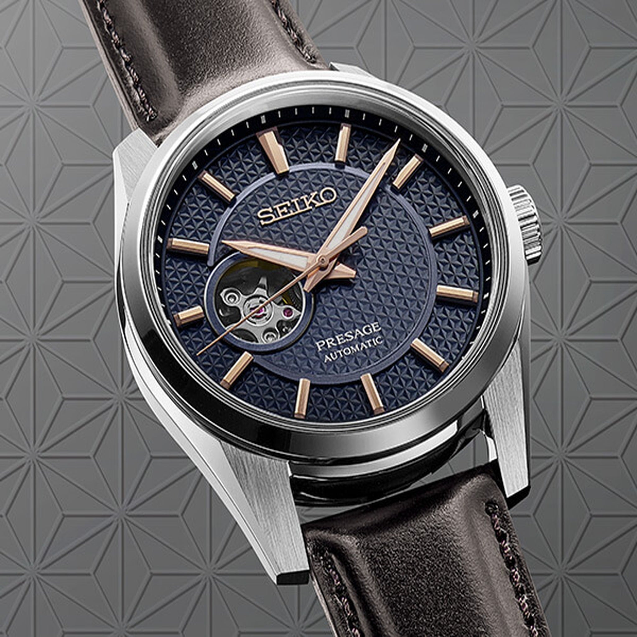 Seiko Presage Automatik-Herrenuhr mit offenem Herzstück SPB311J1, scharfkantig, blau