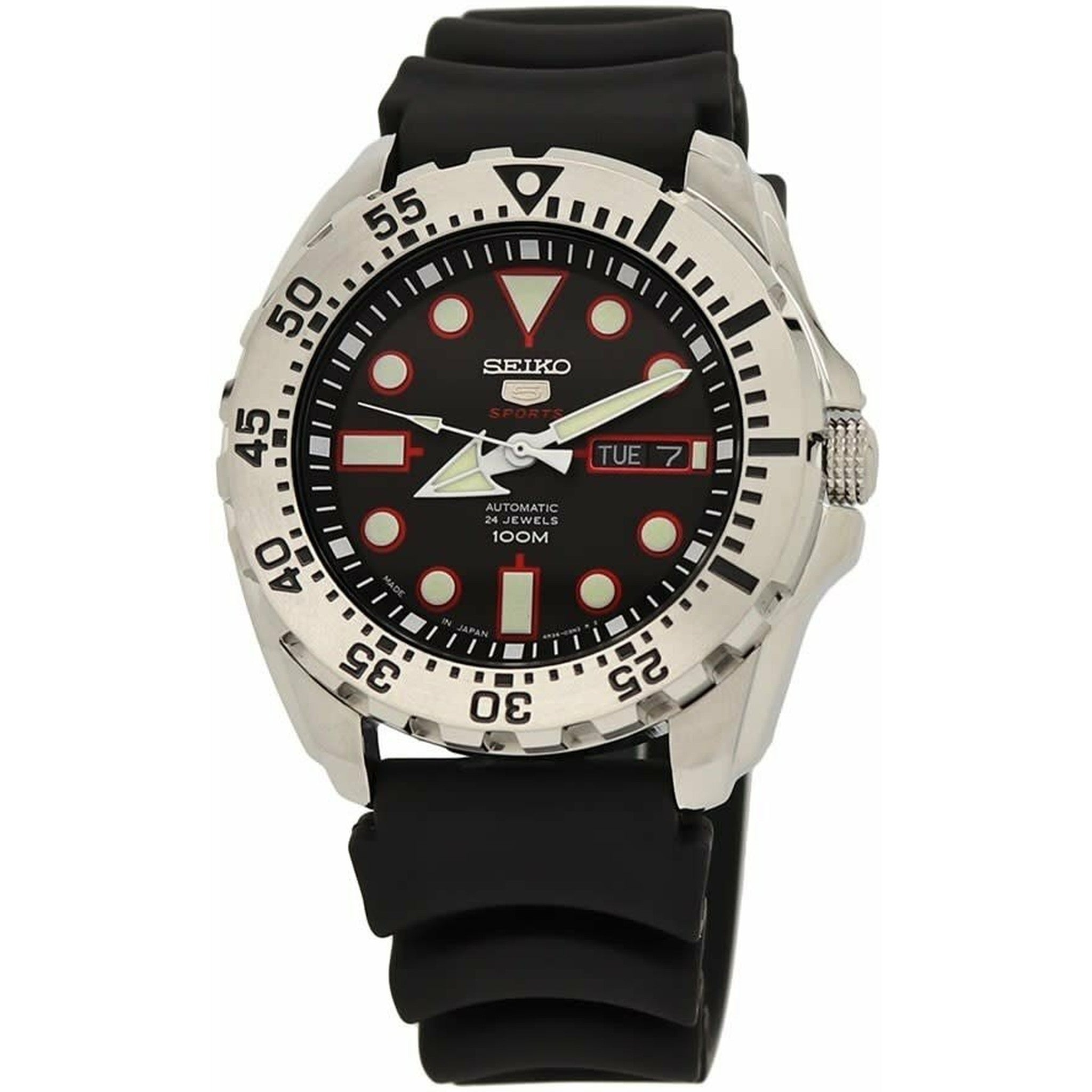 Seiko 5 Sports Automatik-Herrenuhr SRP601J1, schwarzes Kautschukarmband