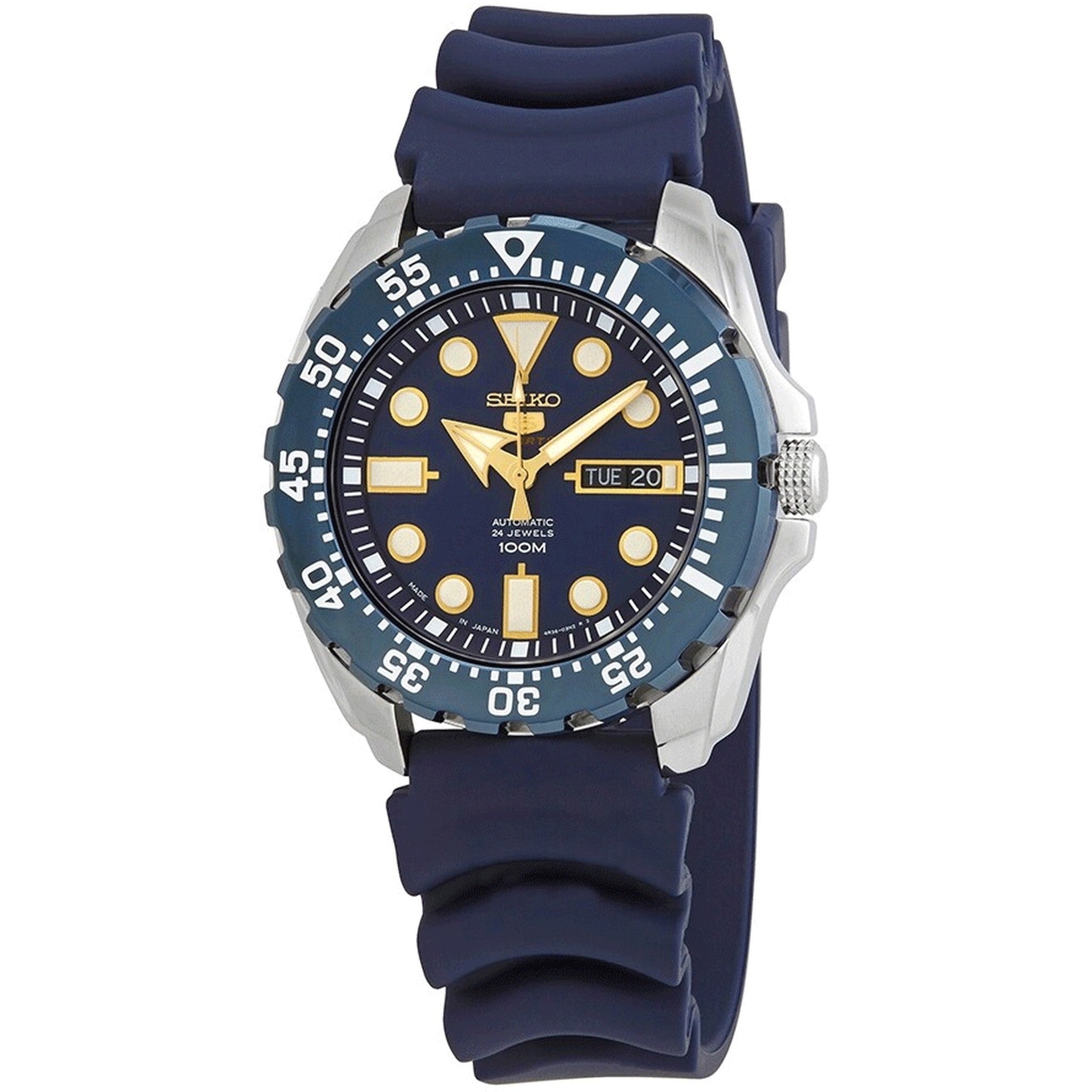Seiko 5 Sports Automatik-Herrenuhr SRP605J2, blaues Kautschukarmband