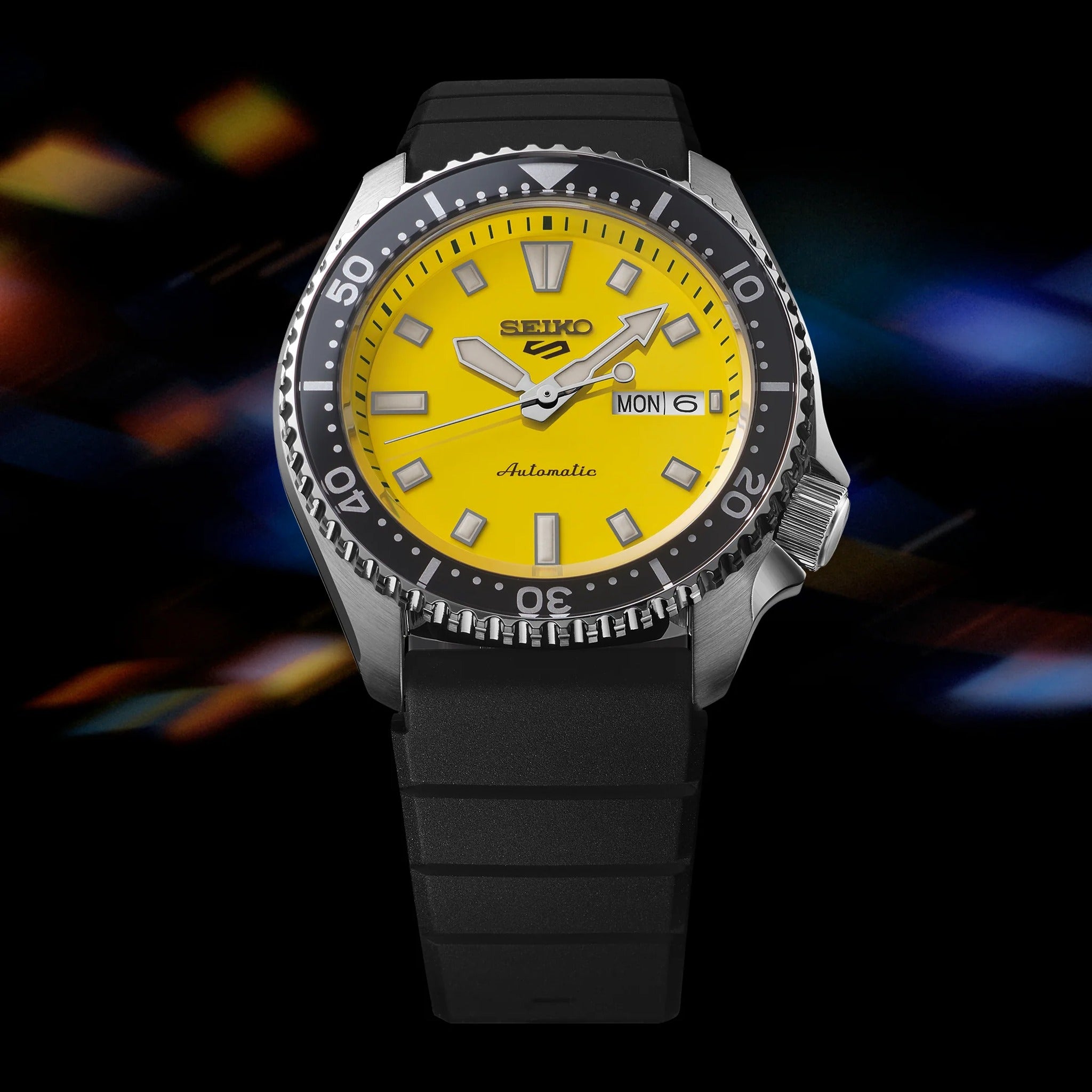 Seiko 5 Sports Herren-Automatikuhr SRPL87K1, gelbes Silikonarmband