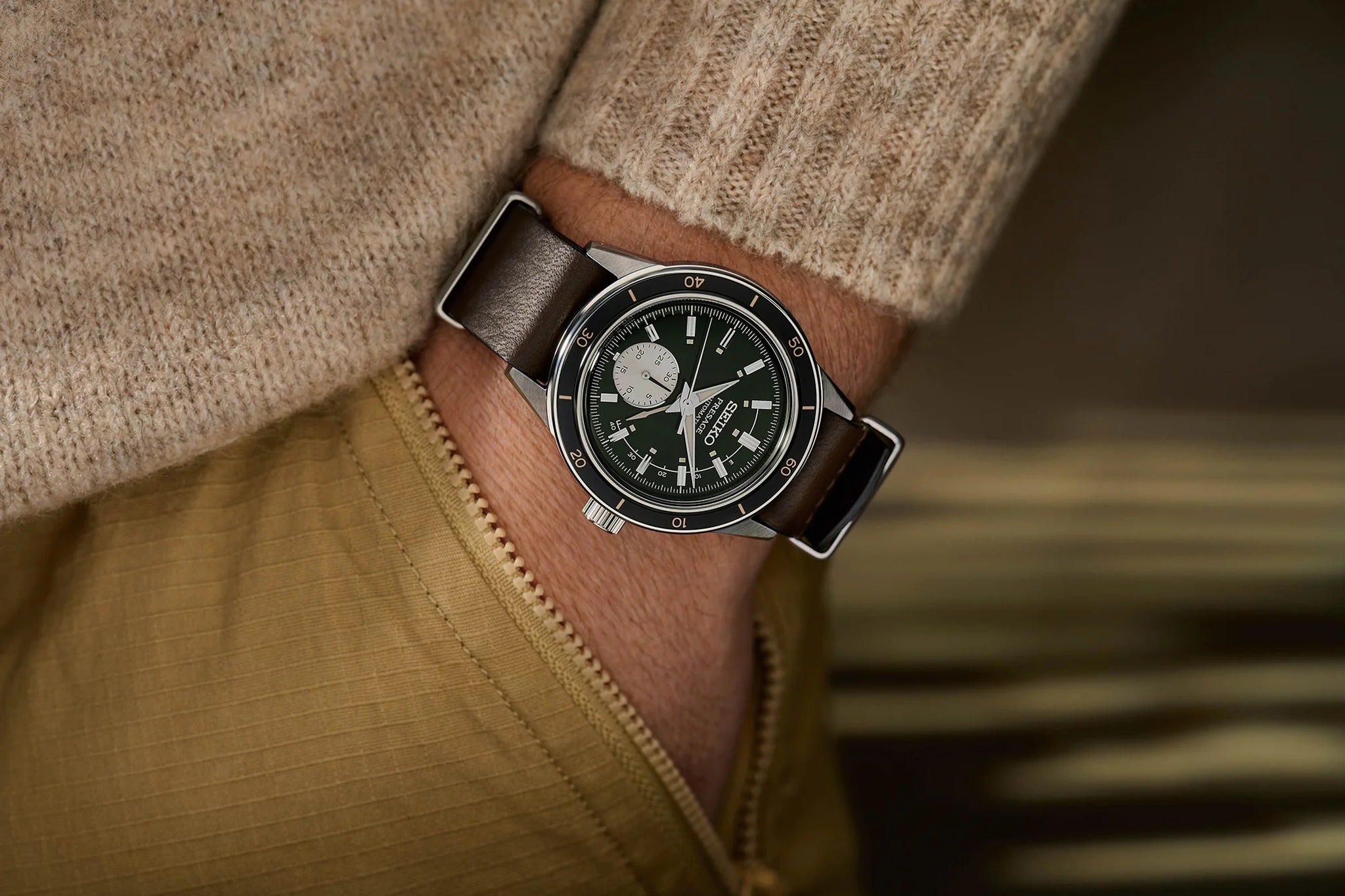 Seiko Presage Men's Automatic Watch SSA451J1 Green 60s Style Leather Strap