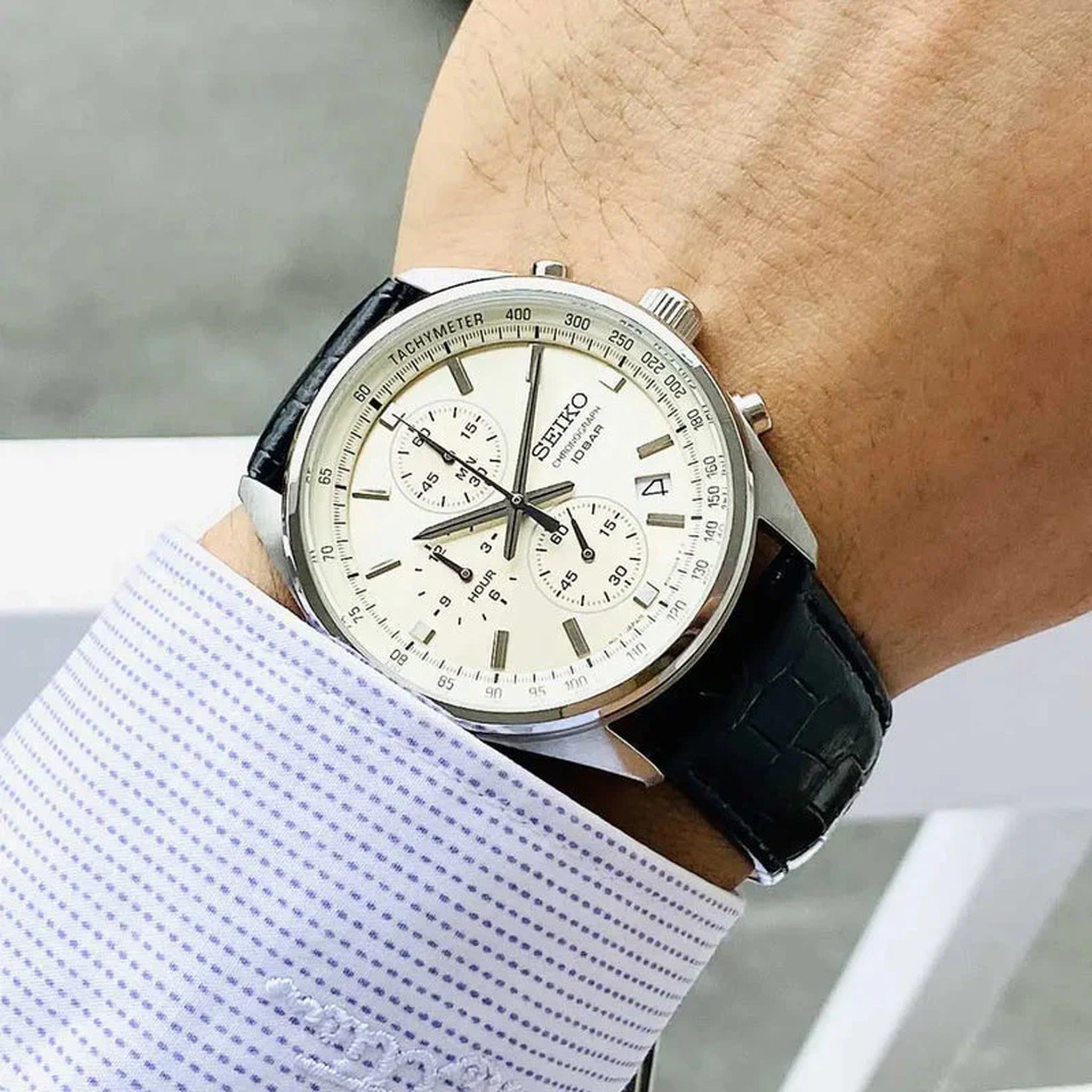 Seiko Men's Chronograph Sport Quartz Watch SSB383P1 Beige Leather Strap