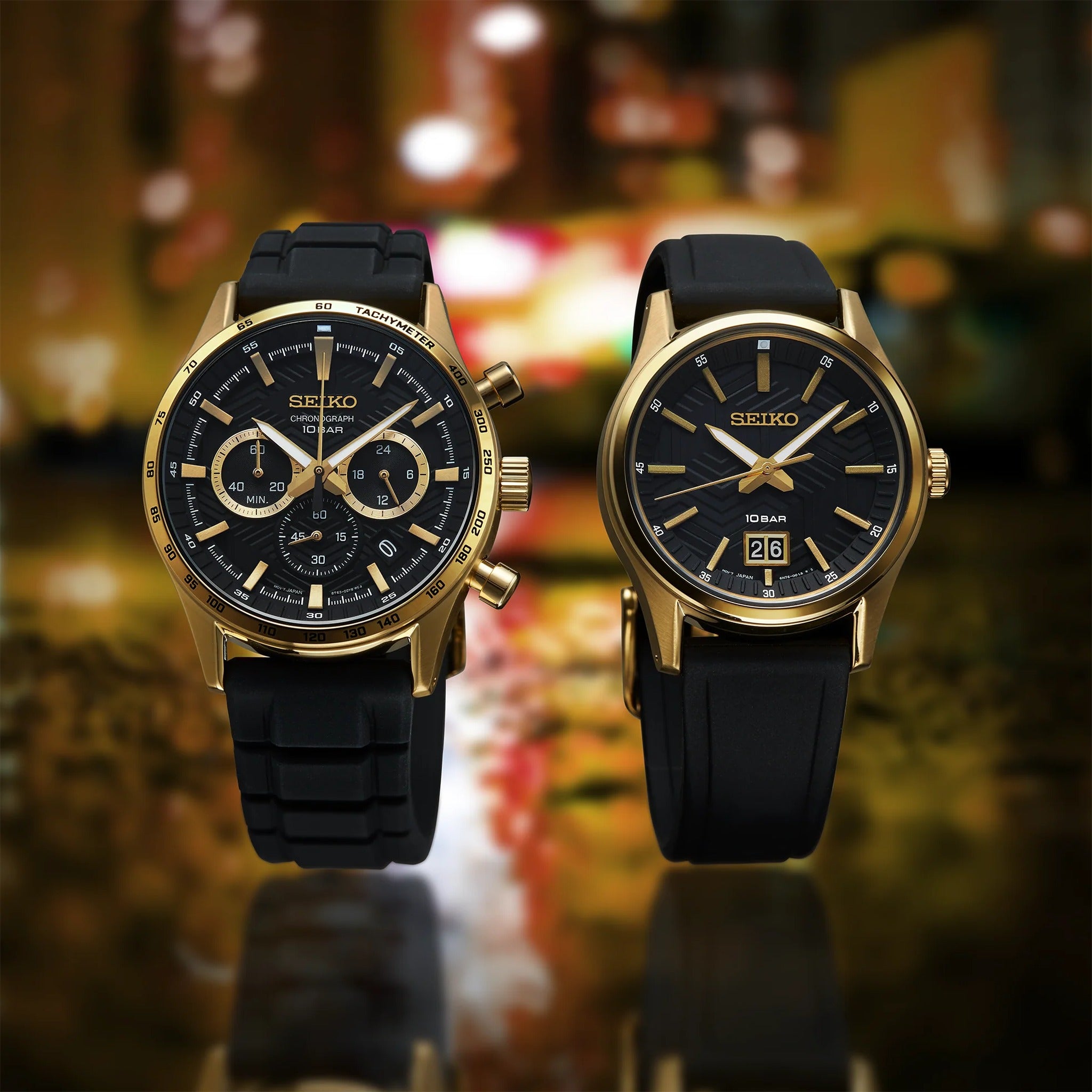 Montre Seiko Chronographe Sports Homme Quartz SSB446P1 Acier Doré Noir Bracelet Caoutchouc