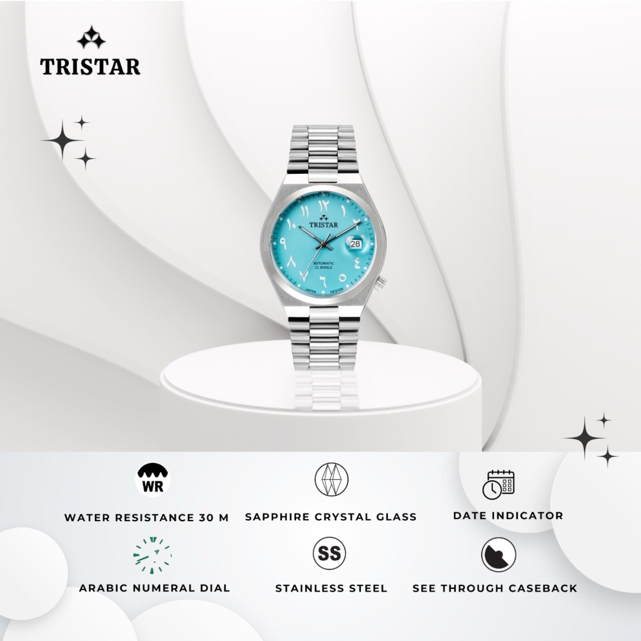 Tristar Automatikuhr NJ33NMSSM02 mit arabischem Zifferblatt und himmelblauem Zifferblatt
