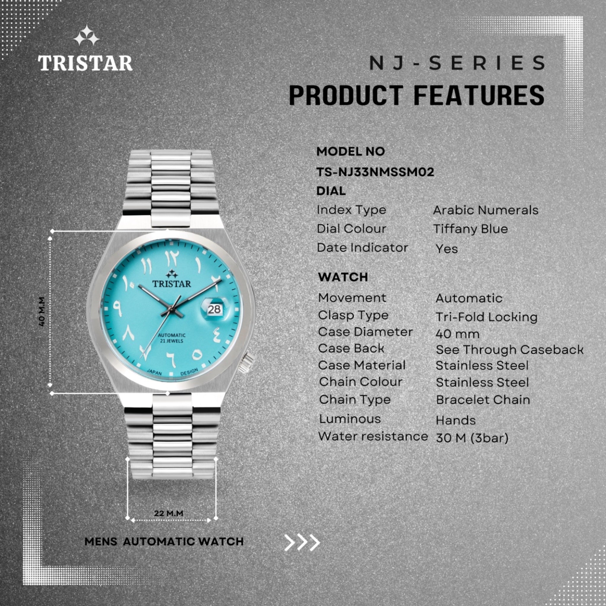 Tristar Automatikuhr NJ33NMSSM02 mit arabischem Zifferblatt und himmelblauem Zifferblatt