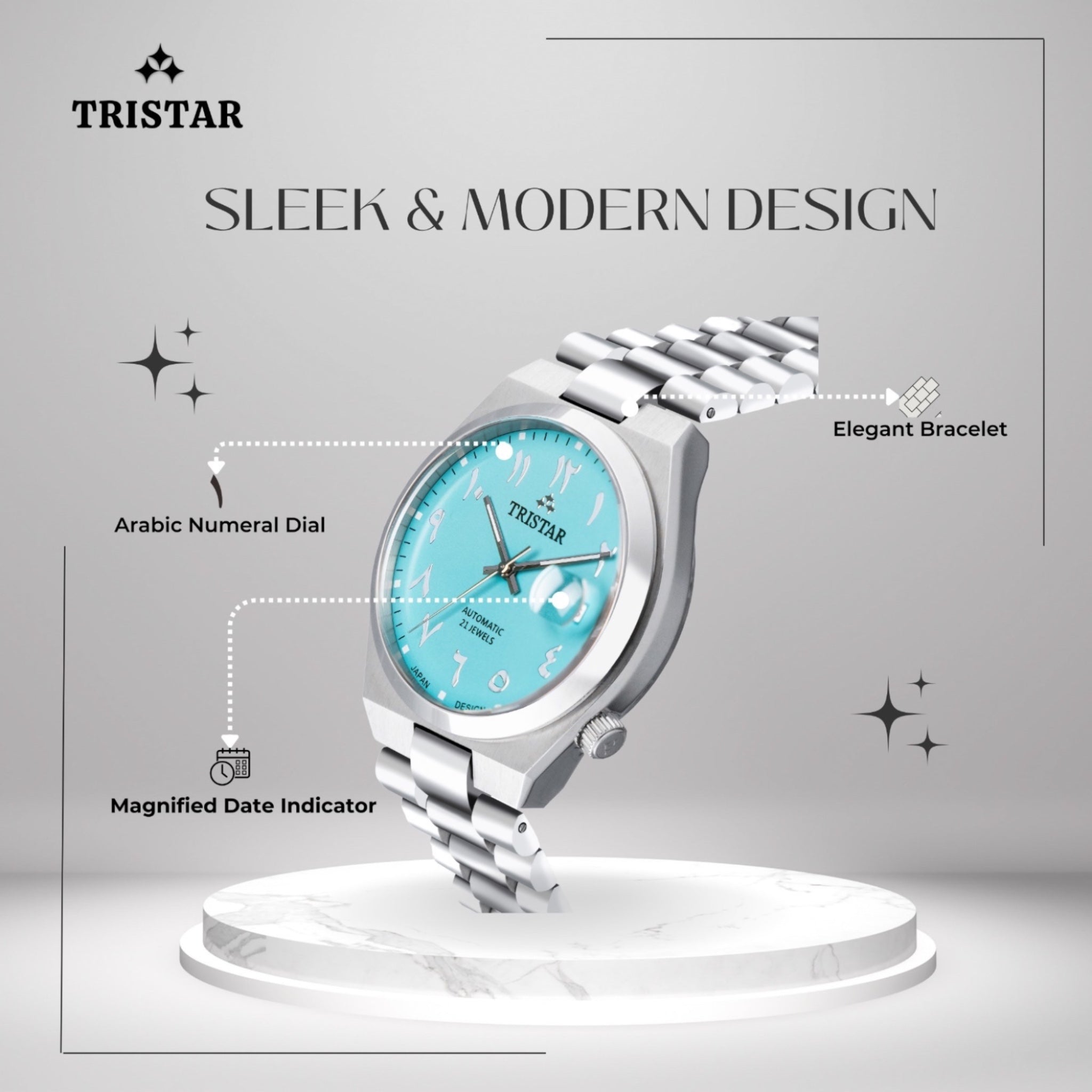 Tristar Automatikuhr NJ33NMSSM02 mit arabischem Zifferblatt und himmelblauem Zifferblatt
