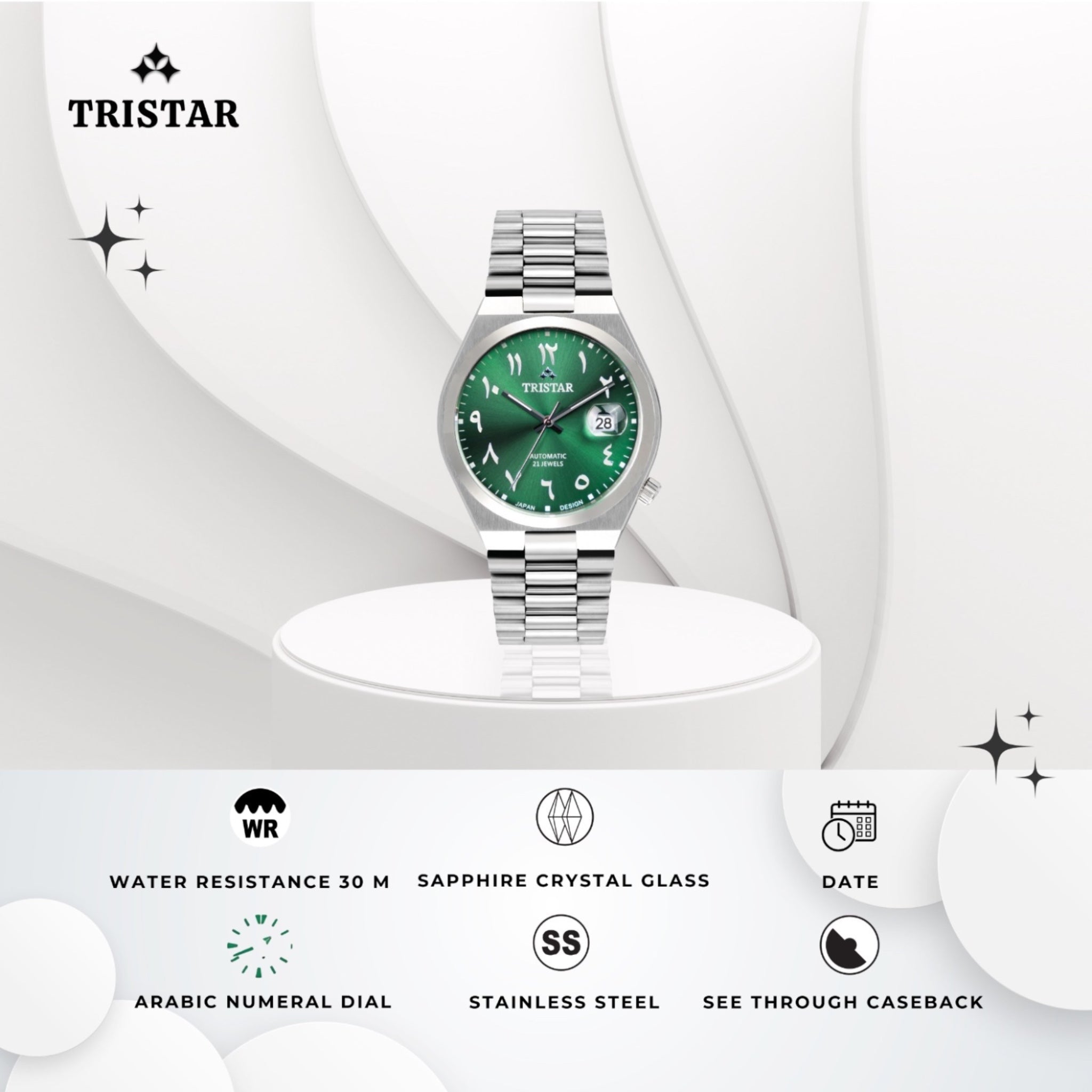 Tristar Automatikuhr mit arabischem Zifferblatt, NJ33GMSSM02, grün