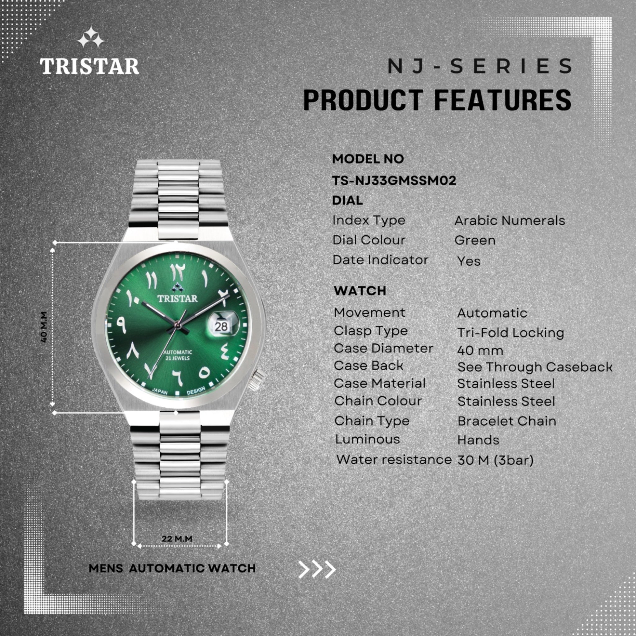 Tristar Automatikuhr mit arabischem Zifferblatt, NJ33GMSSM02, grün