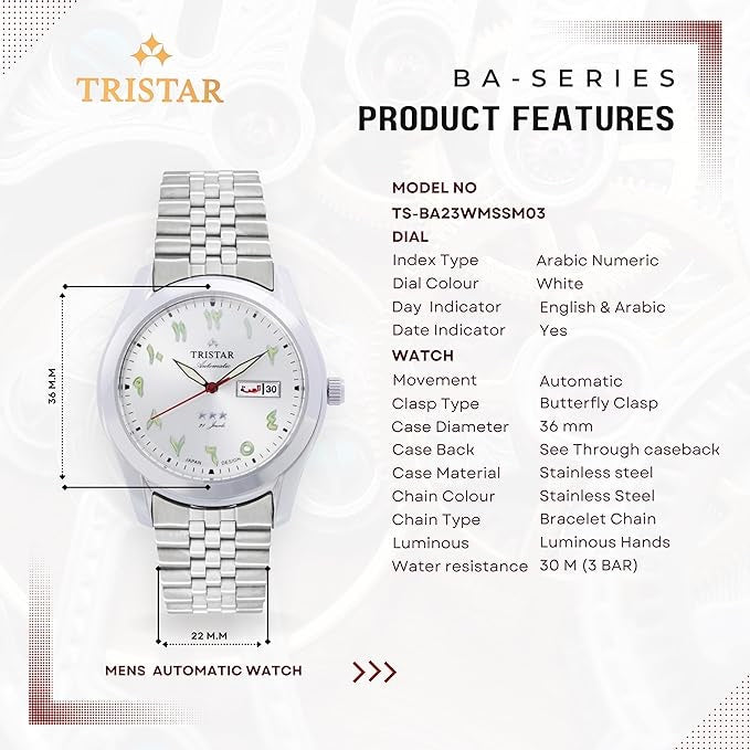 Tristar Arabic Dial BA23WMSSM03 White Silver Automatic Watch