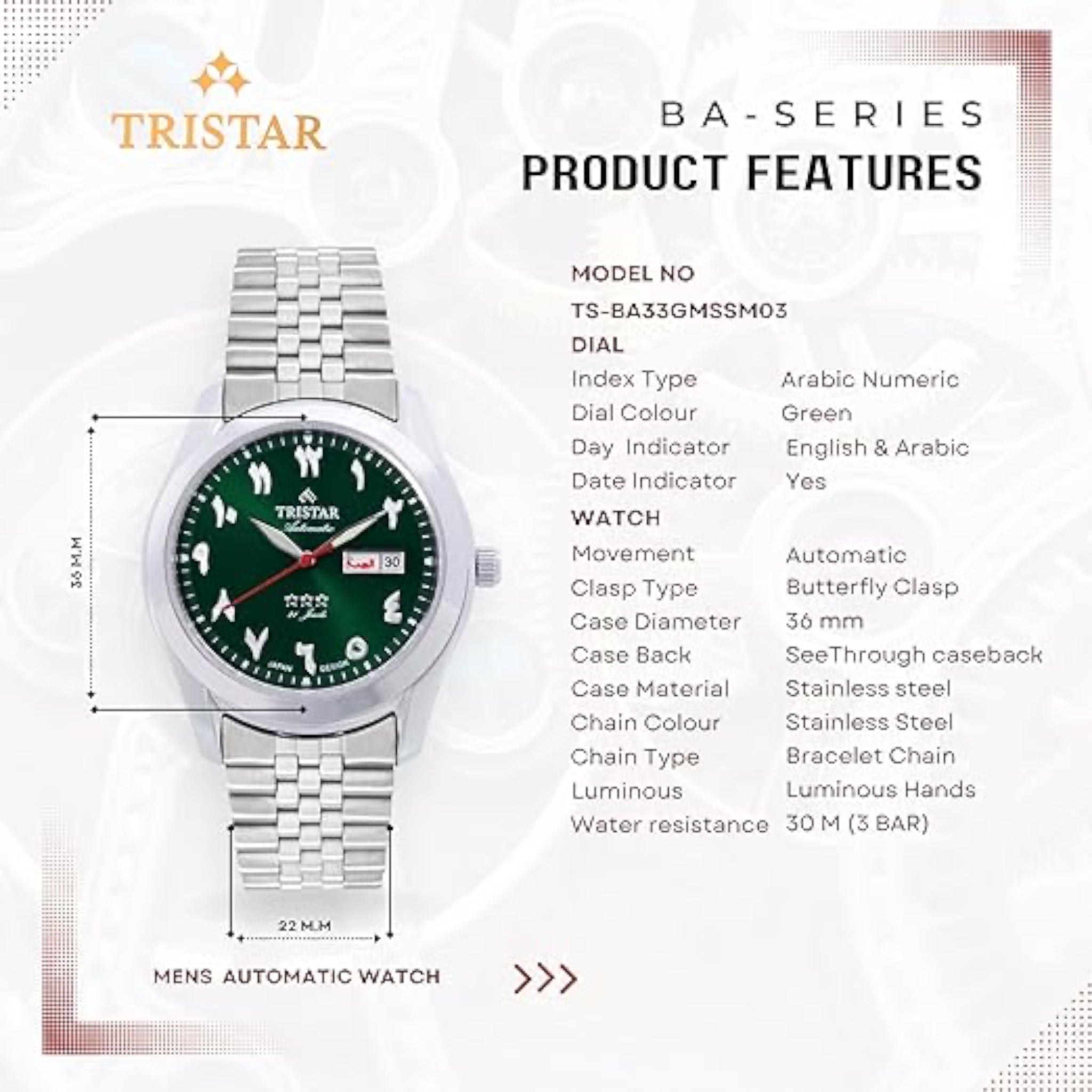 Montre Tristar Arabic Dial BA33GMSSM03 Vert Automatique