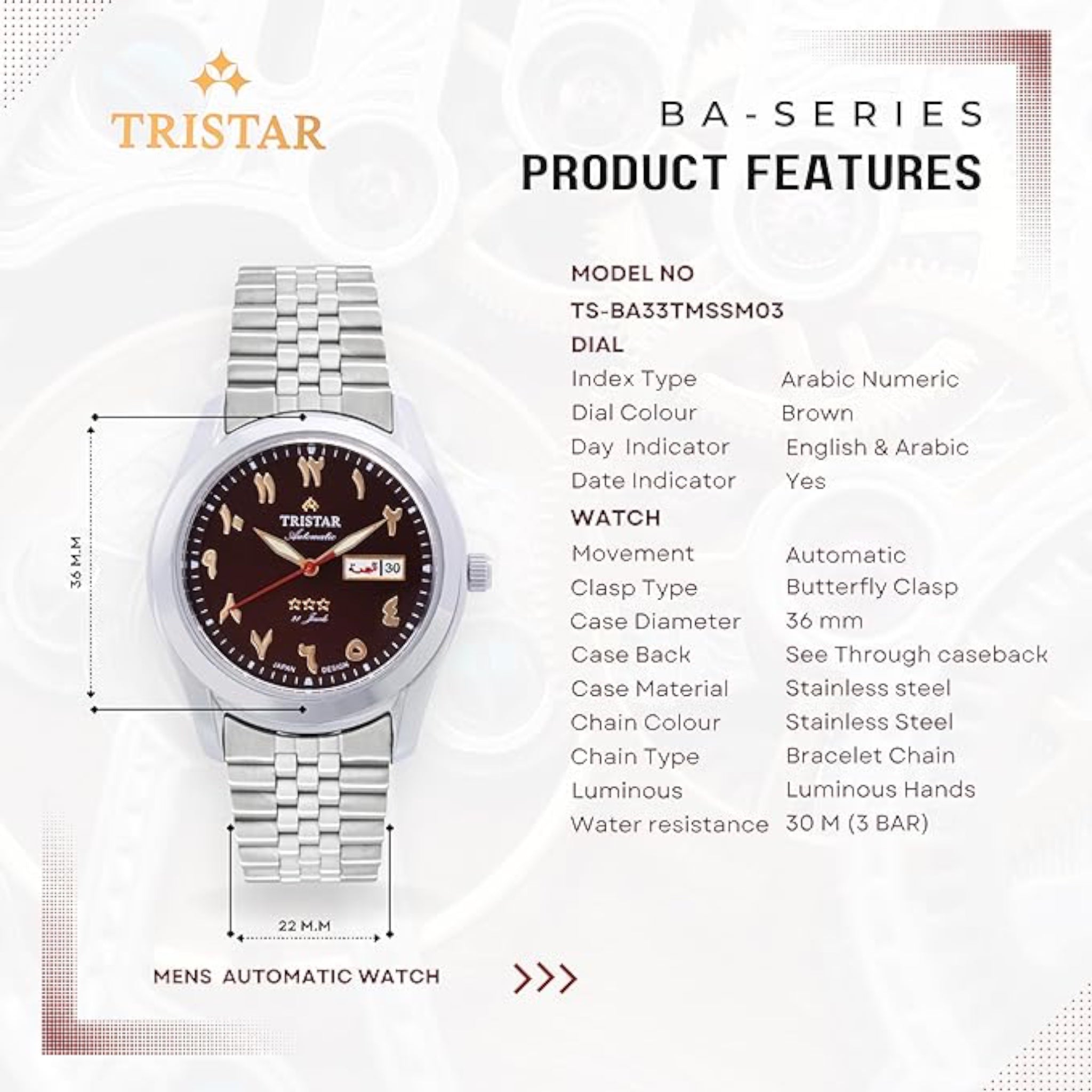 Tristar Arabic Dial BA33TMSSM03 Dark Red Automatic Watch