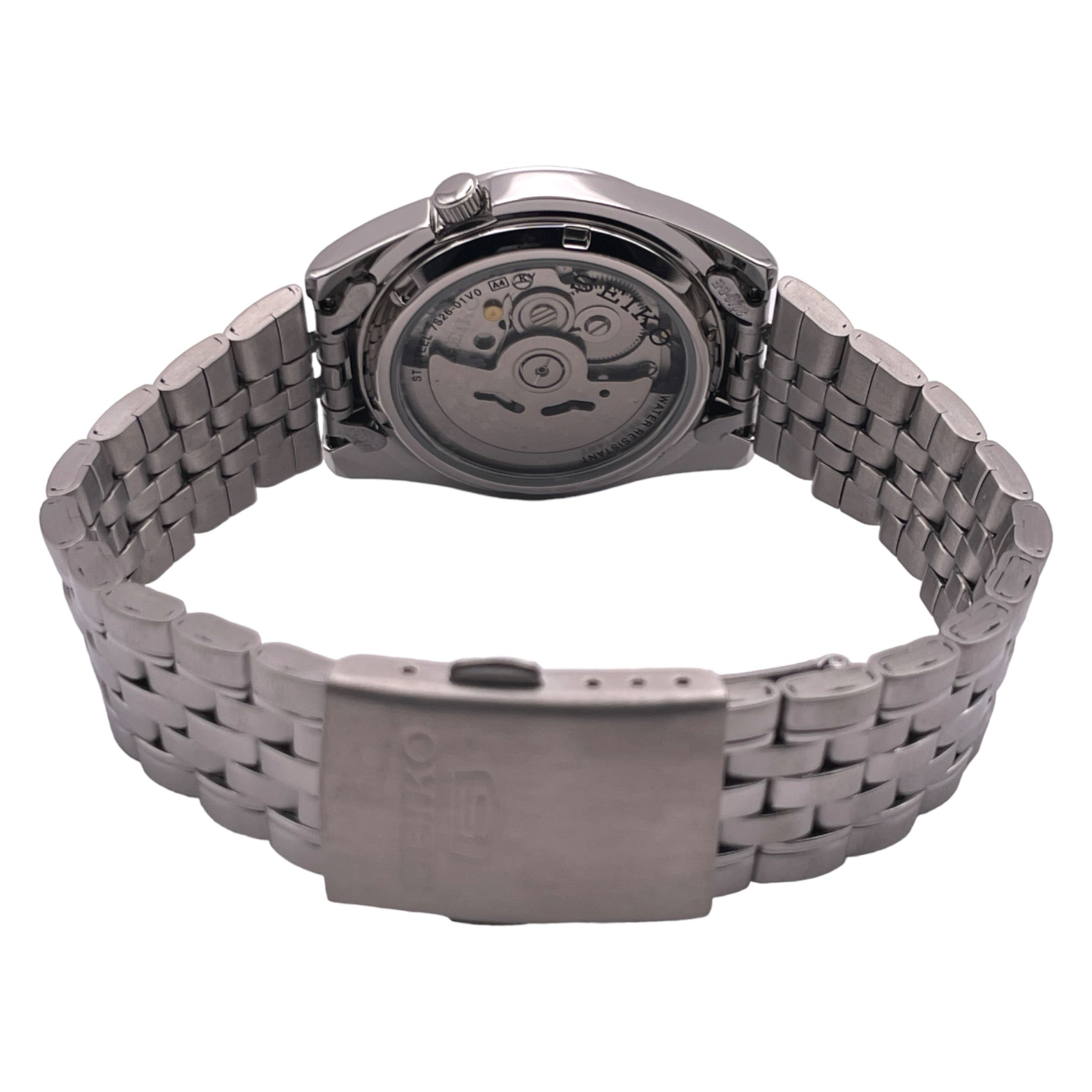 Montre Seiko bracelet métal, cadran de 37mm blanc et rouge, vue de dos