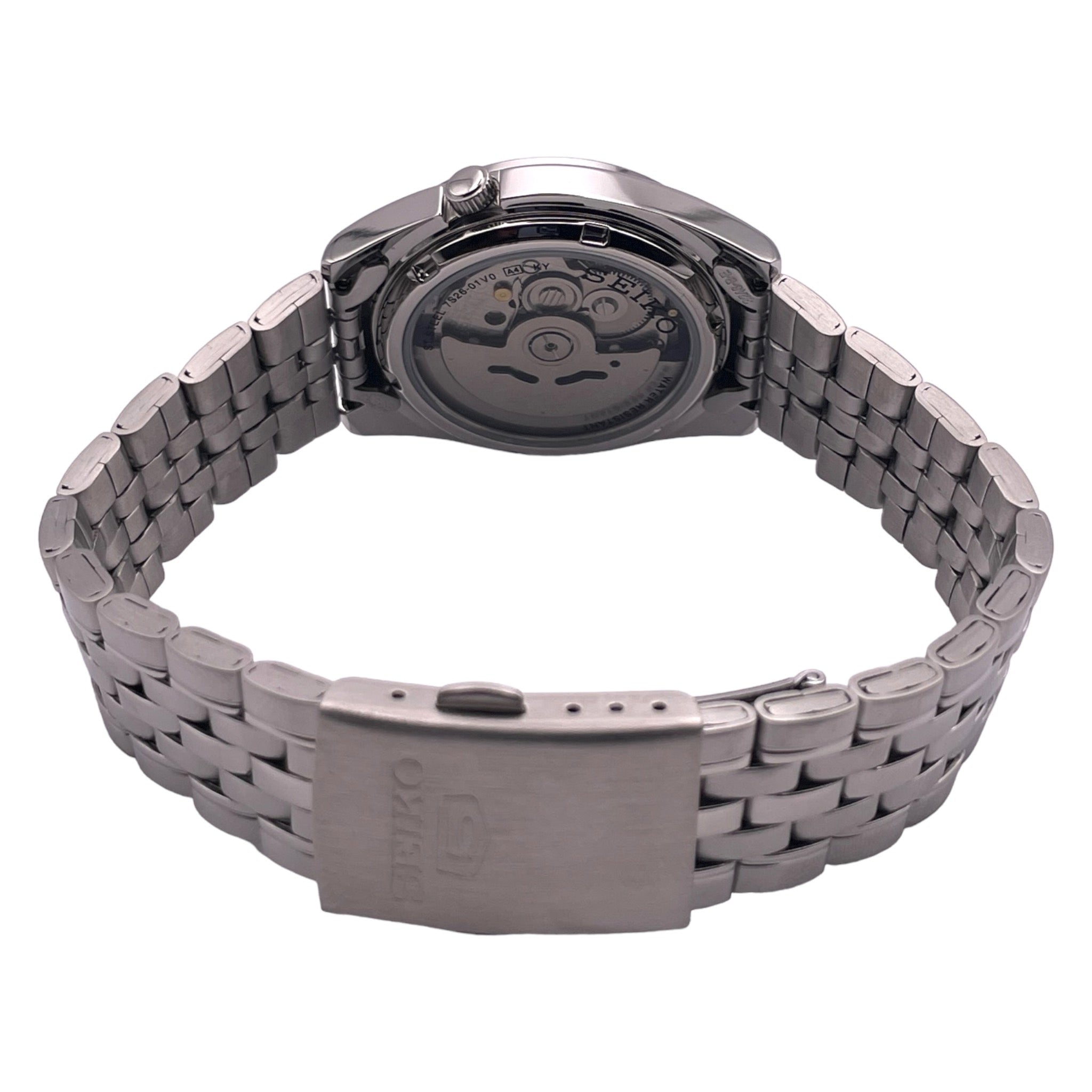Montre Seiko bracelet métal, cadran de 37mm noir et rouge, vue de dos