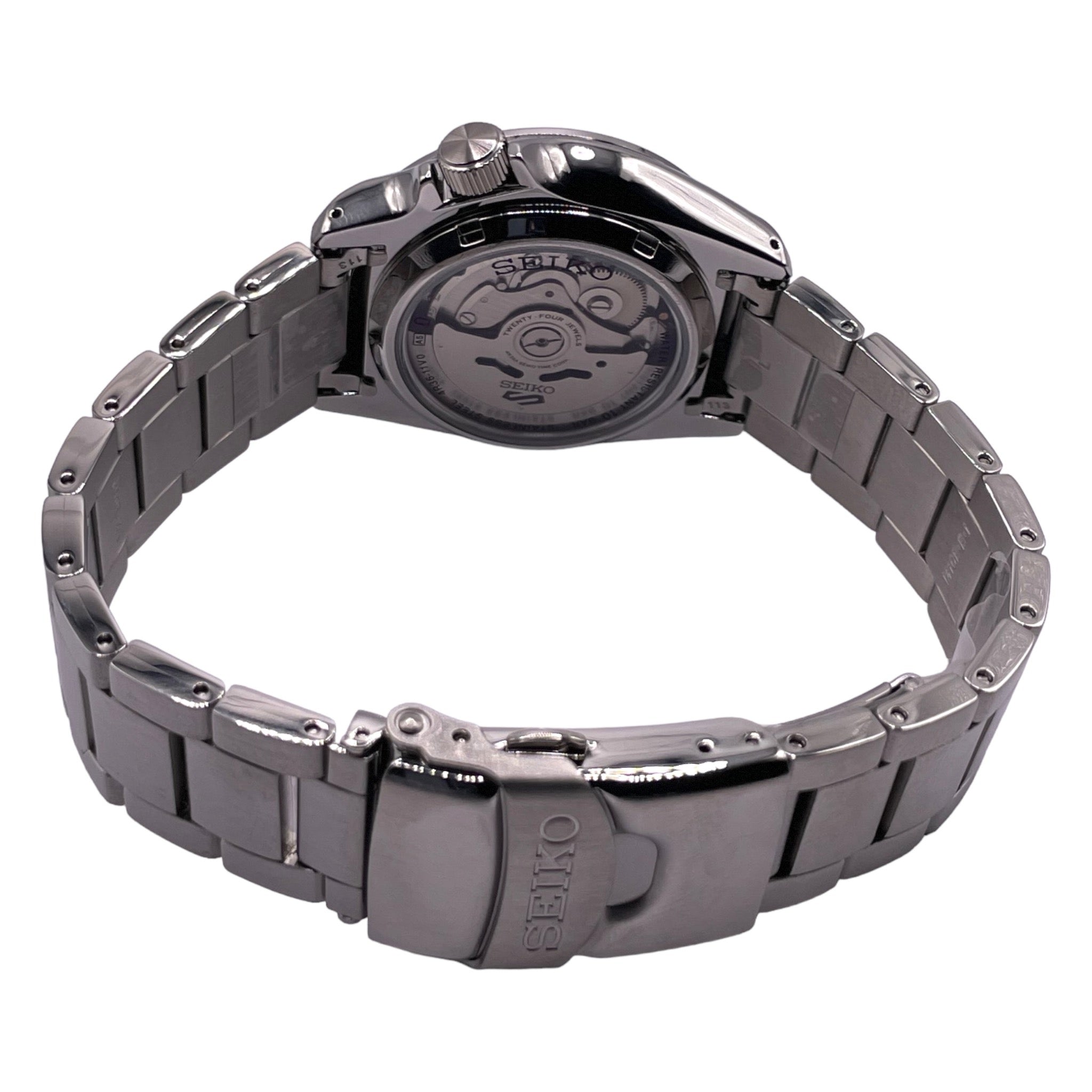 Montre Seiko en acier inoxydable, cadran noir et gris de 40mm avec chiffres arabes, vue de dos