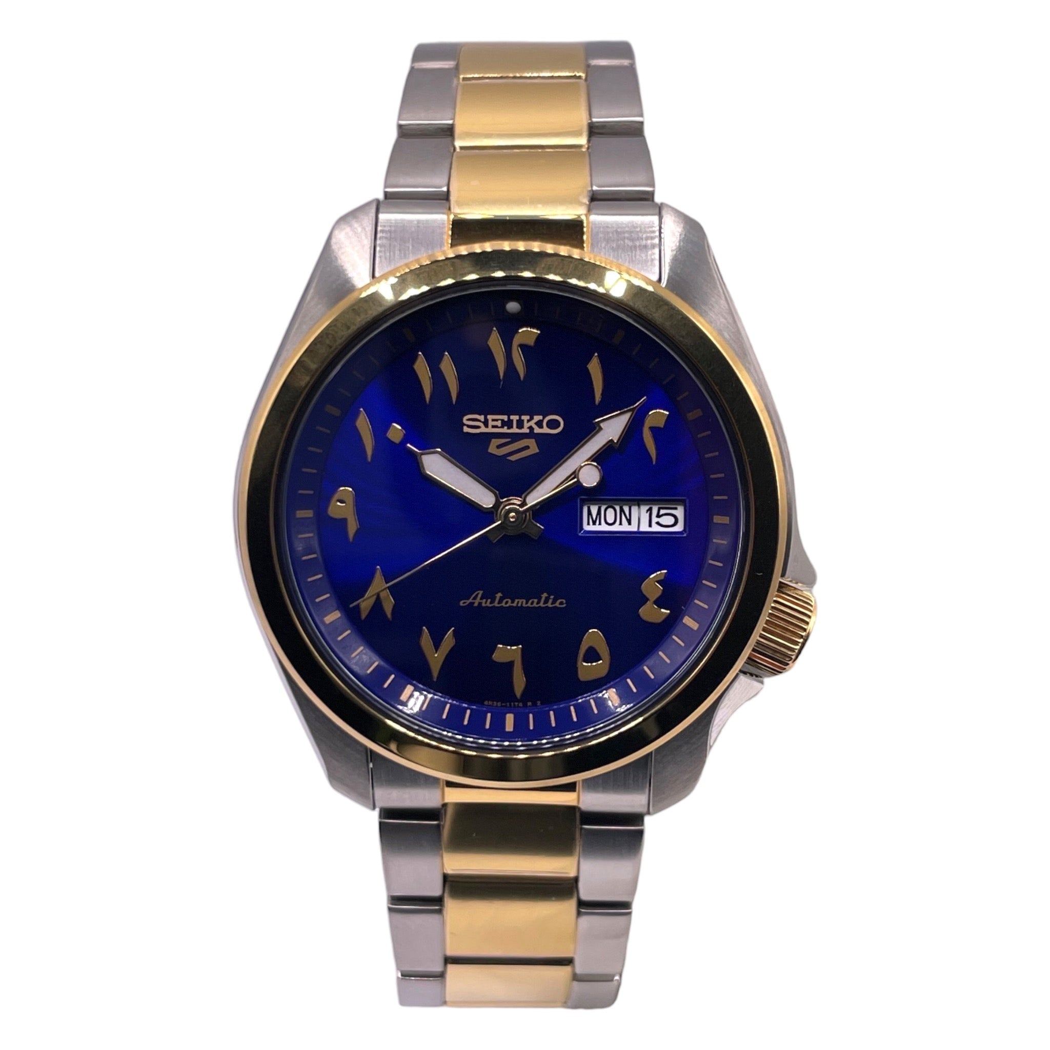 Montre Seiko en acier inoxydable, cadran bleu et doré de 40mm avec chiffres arabes, vue de face