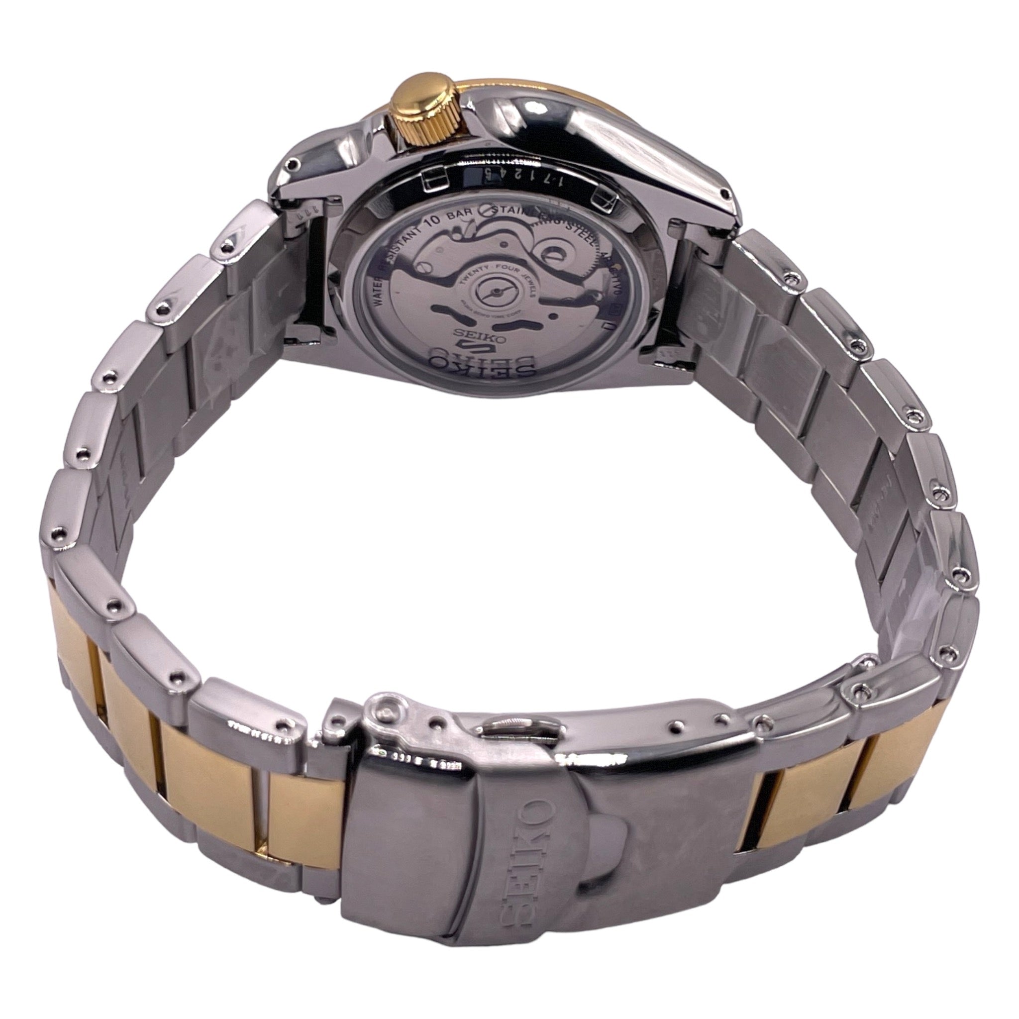 Montre Seiko en acier inoxydable, cadran bleu et doré de 40mm avec chiffres arabes, vue de dos