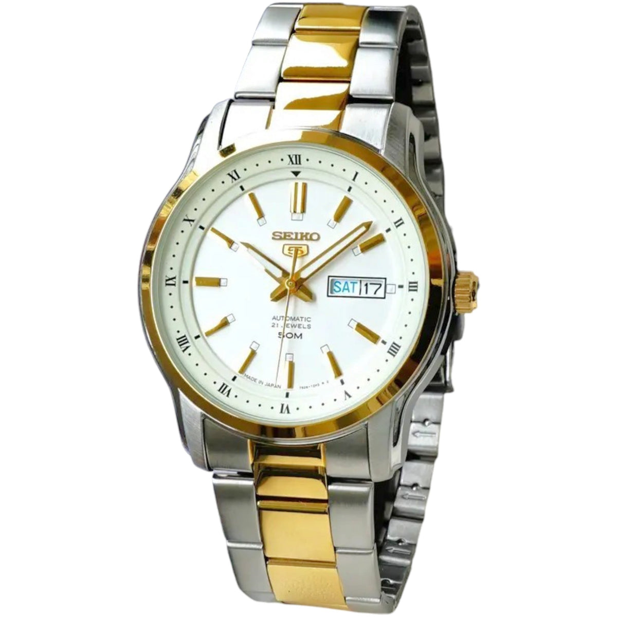 Seiko 5 Herren-Automatikuhr SNKP14J1 Silber Gold Weiß
