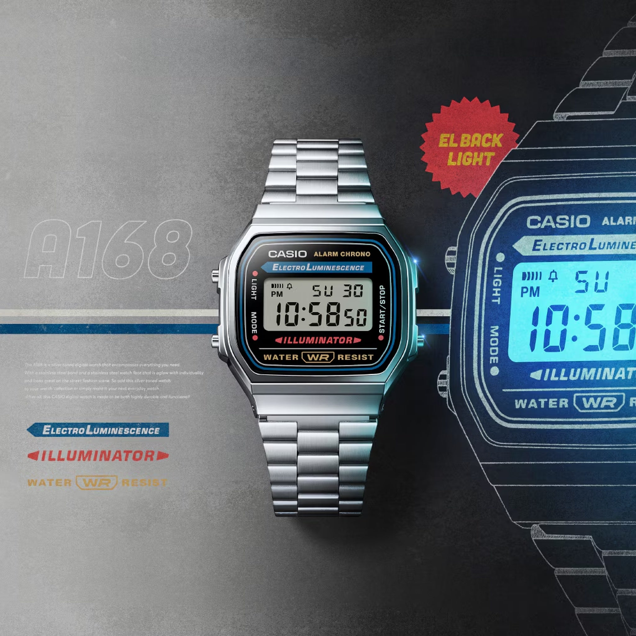 Montre Casio Mixte Vintage A168WA-1 Quartz Digitale Argent Noir