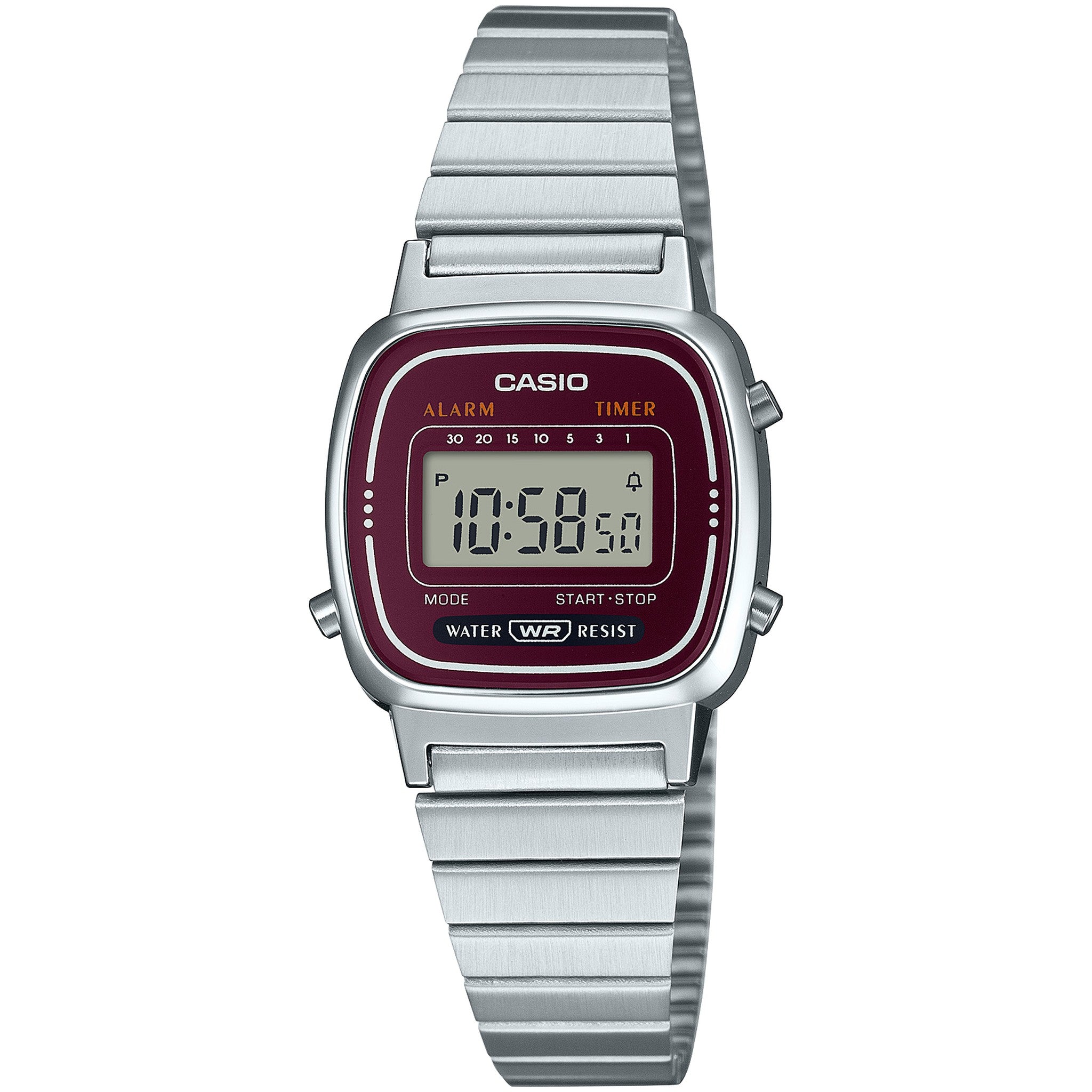 Montre Casio Femme Vintage LA670WA-4D Quartz Digitale Argent Rouge