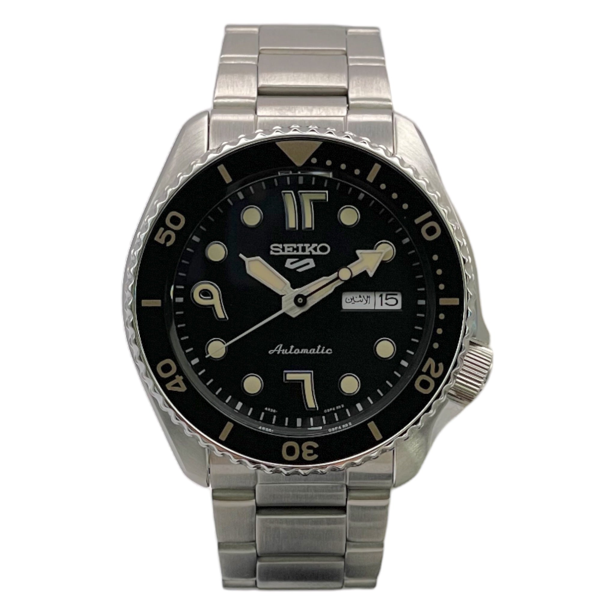 Seiko SRPF89K1 schwarze Uhr mit arabischem Zifferblatt