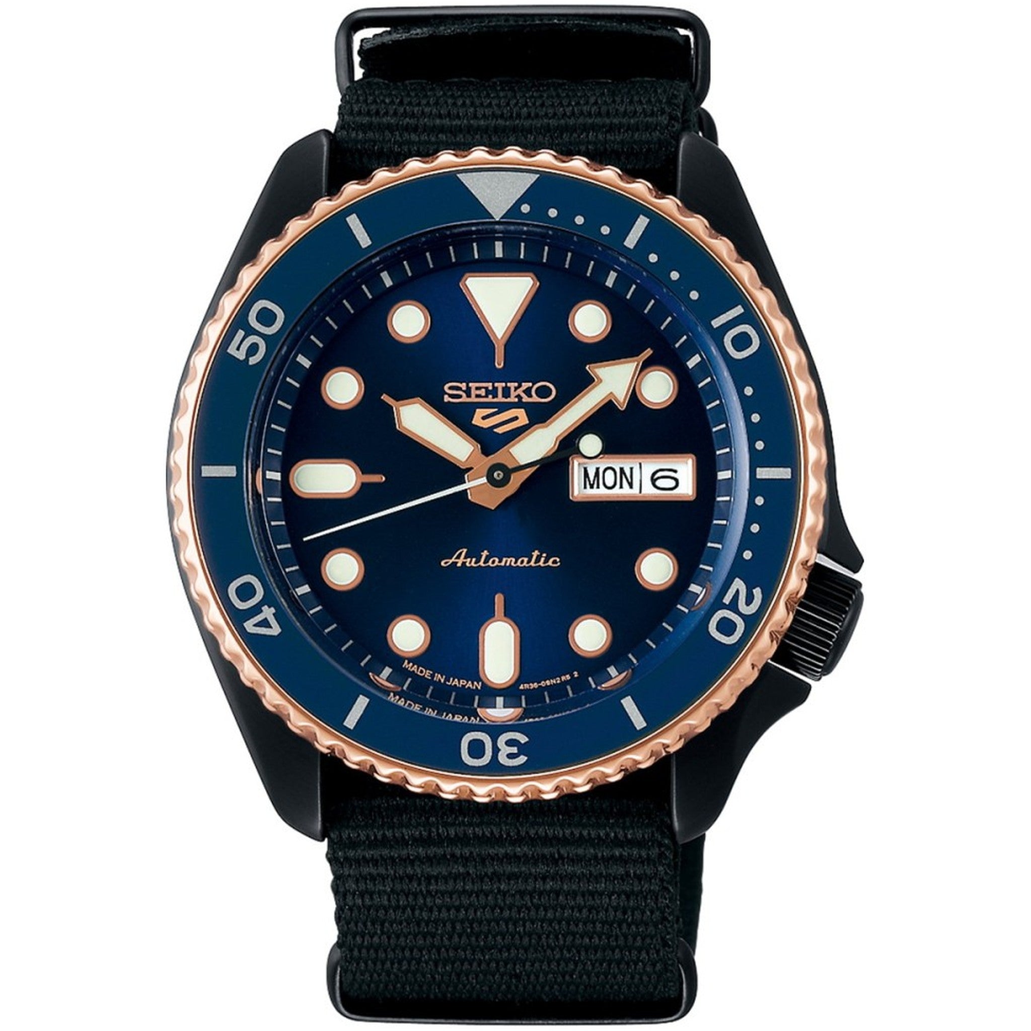 Montre Seiko 5 Sports Automatique Homme SBSA098 Bleu Or Rose Bracelet Nylon NATO