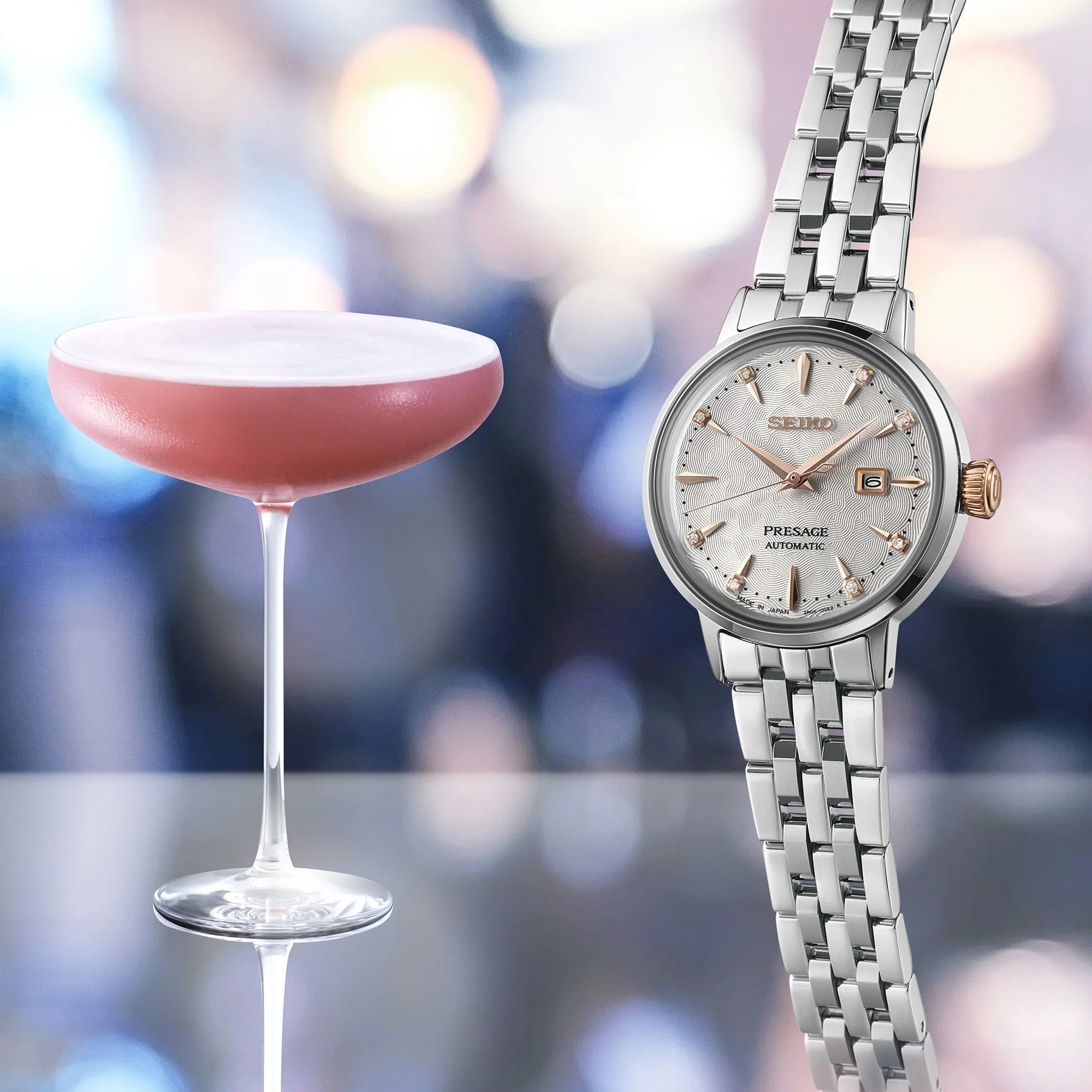 Seiko Presage Cocktail Automatik-Damenuhr SRE009J1 Weiß Roségold Clover Club